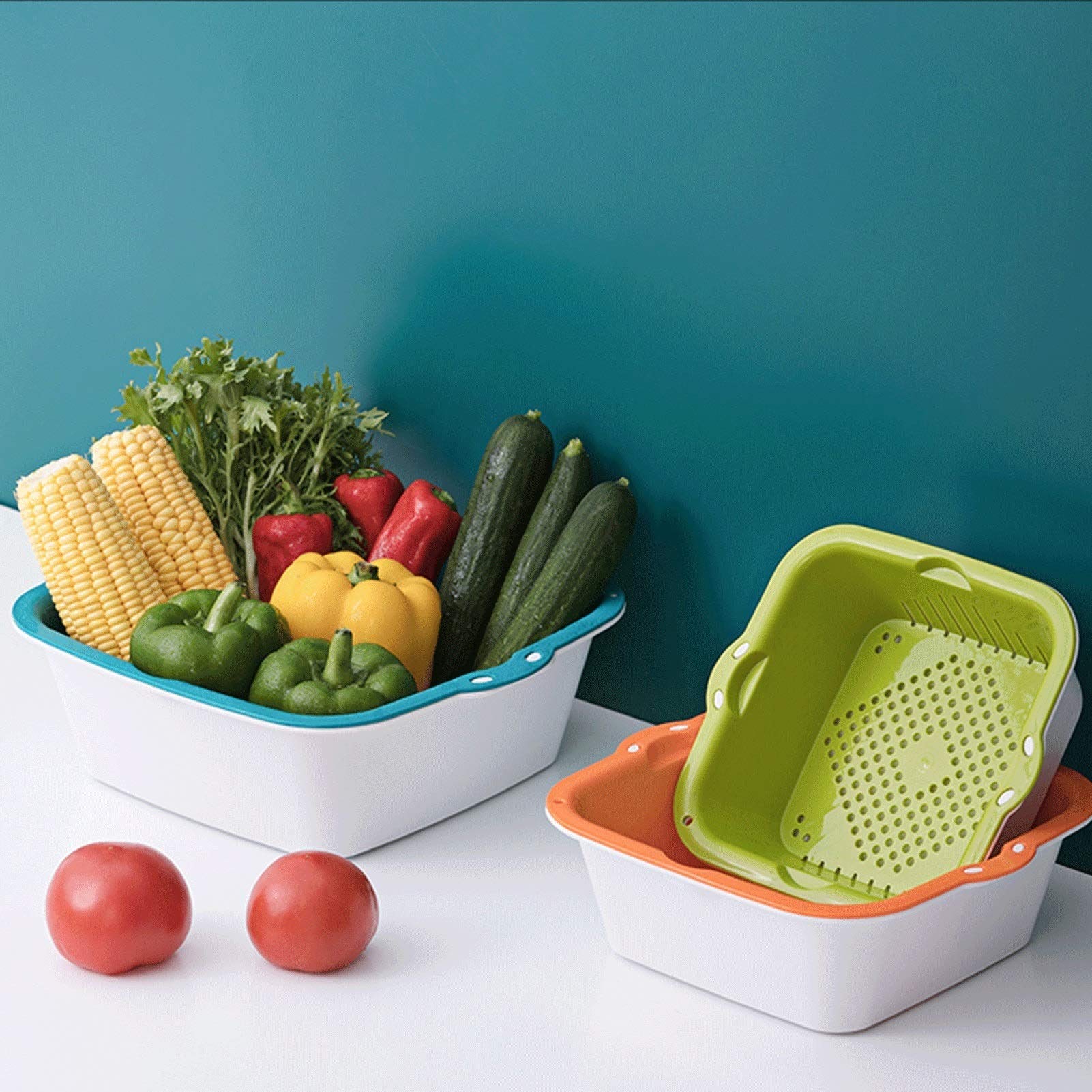 Colador, colador, colador, colador, colador, colador, colador, cesta de drenaje, cesta de drenaje de plástico 2 en 1, cesta cuadrada for frutas y verduras, recipiente de filtro desmontable con gancho