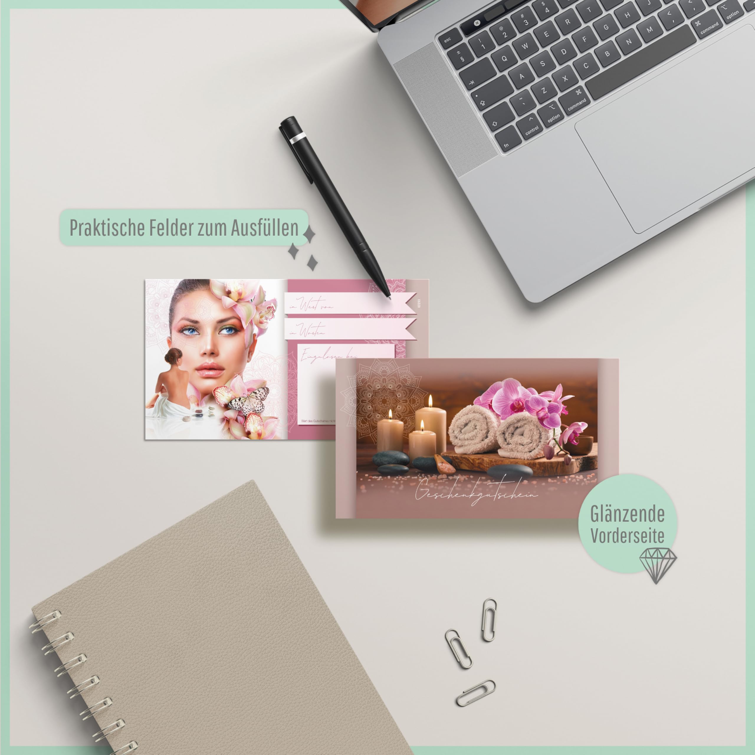 GESCHENKGUTSCHEINcom - 50 Gutscheine mit Umschlag/Schleife für Kosmetikinstitut Kosmetik Wellness - Geschenkgutschein-Vordruck blanko KS1293-2-50