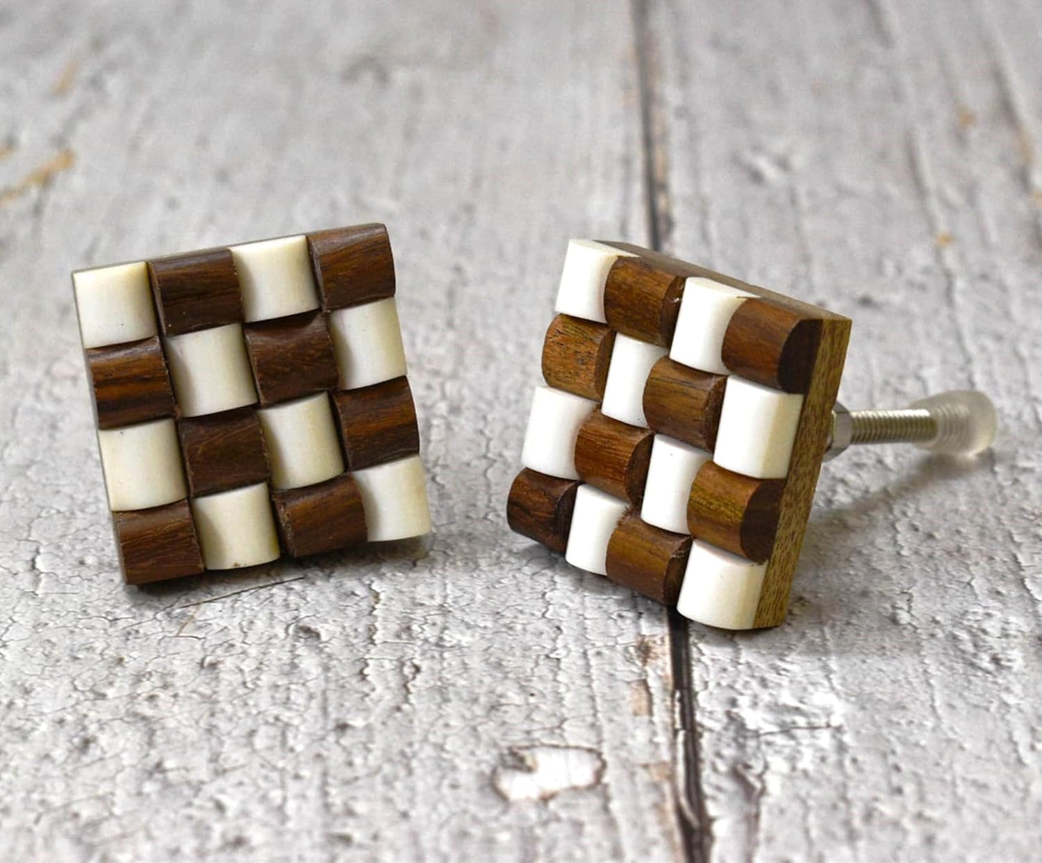 Wood Resin Knobs for Cabinets - Set of 6 Decorative Square Shape Cheque Box Wooden Knobs Handmade Kitchen Cabinet Drawer Knobs | Wardrobe and Dresser Pulls (6.5 x 4 cm)