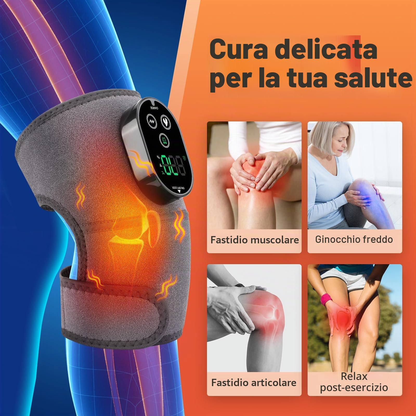 Fascia Riscaldante Per Ginocchio Senza Fili, Pad Riscaldante Per Spalla E Gomito Con Controllo Touchscreen, 6 Livelli Di Riscaldamento, 3 Modalità Di Massaggio E Timer, Batteria 3000mAh-Grigio