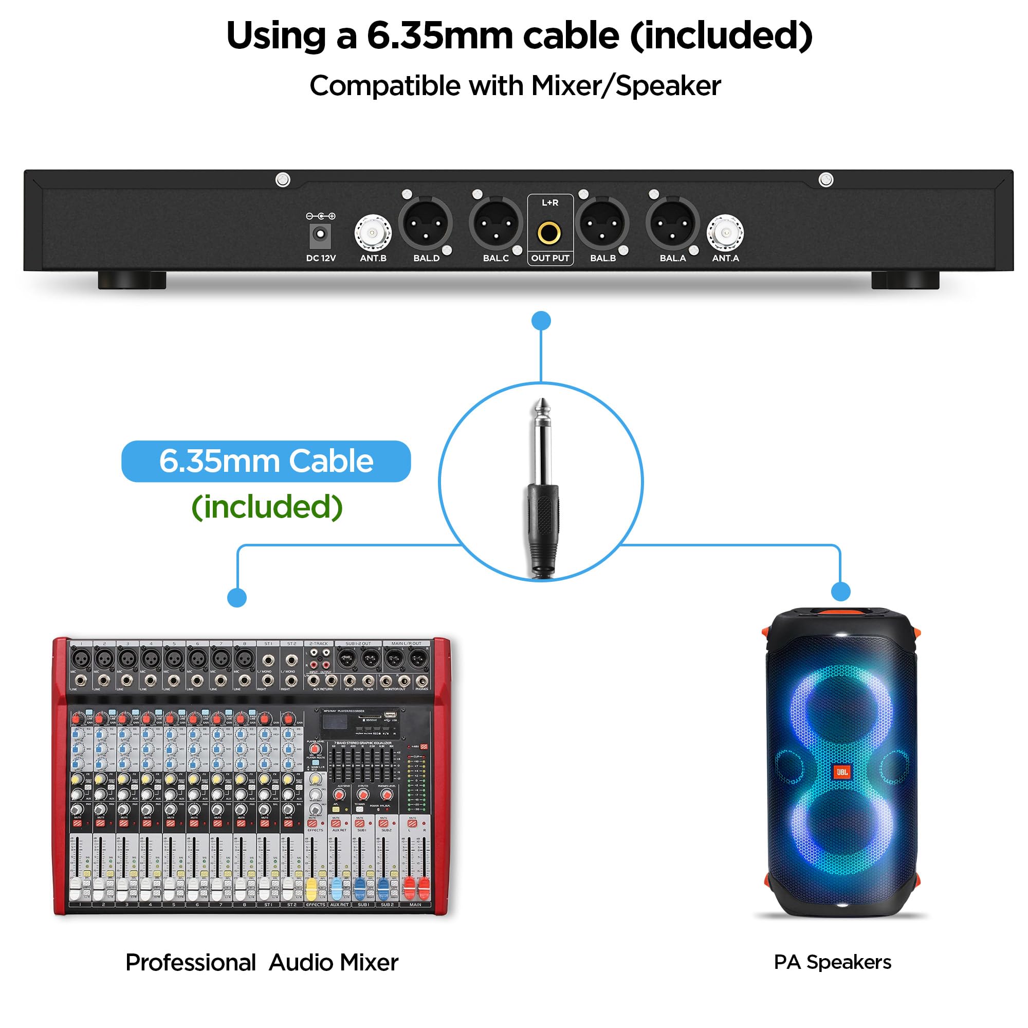 Bietrun 4-kanałowy system mikrofonów bezprzewodowych z 4 dynamicznymi ręcznymi mikrofonami bezprzewodowymi, z wyjściem Mix 1/10.2 cm, 4-kanałowym wyjściem XLR, zasięg 165 m, do karaoke, śpiewu,