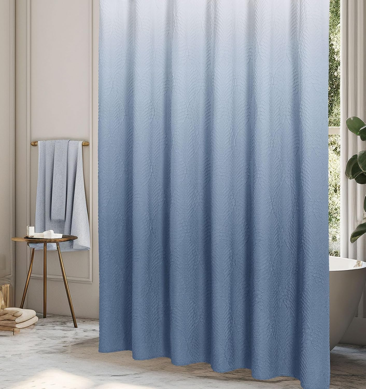 Gibelle Ombre Blue Shower Curtain for Bathroom, 3D Embossed Textured Fabric Shower Curtain, Modern Farmhouse Chic Soft Cloth Shower Curtain Set with Hooks, 72x72