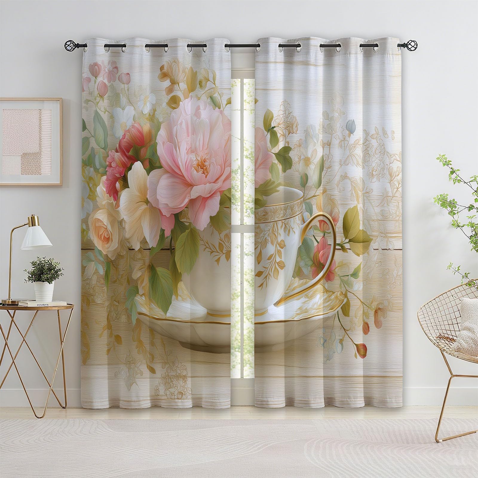 Dziecięca termiczna zasłona zaciemniająca elegancka kwiatowa filiżanka do herbaty 110 x 215 cm zestaw 2 zasłon z nadrukiem do salonu, dekoracji okna, kuchni, do wnętrz, zasłon i zasłon z oczkami