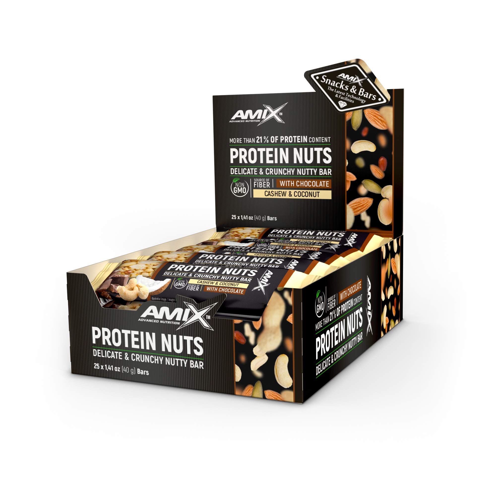 AMIX - Barritas Energéticas Protein Nuts - 25 x 40 g - Fuente de Fibra, Frutos Secos y Ácidos Grasos - Snack con Más de 20% de Proteína - Sabor a Coco y Anacardo