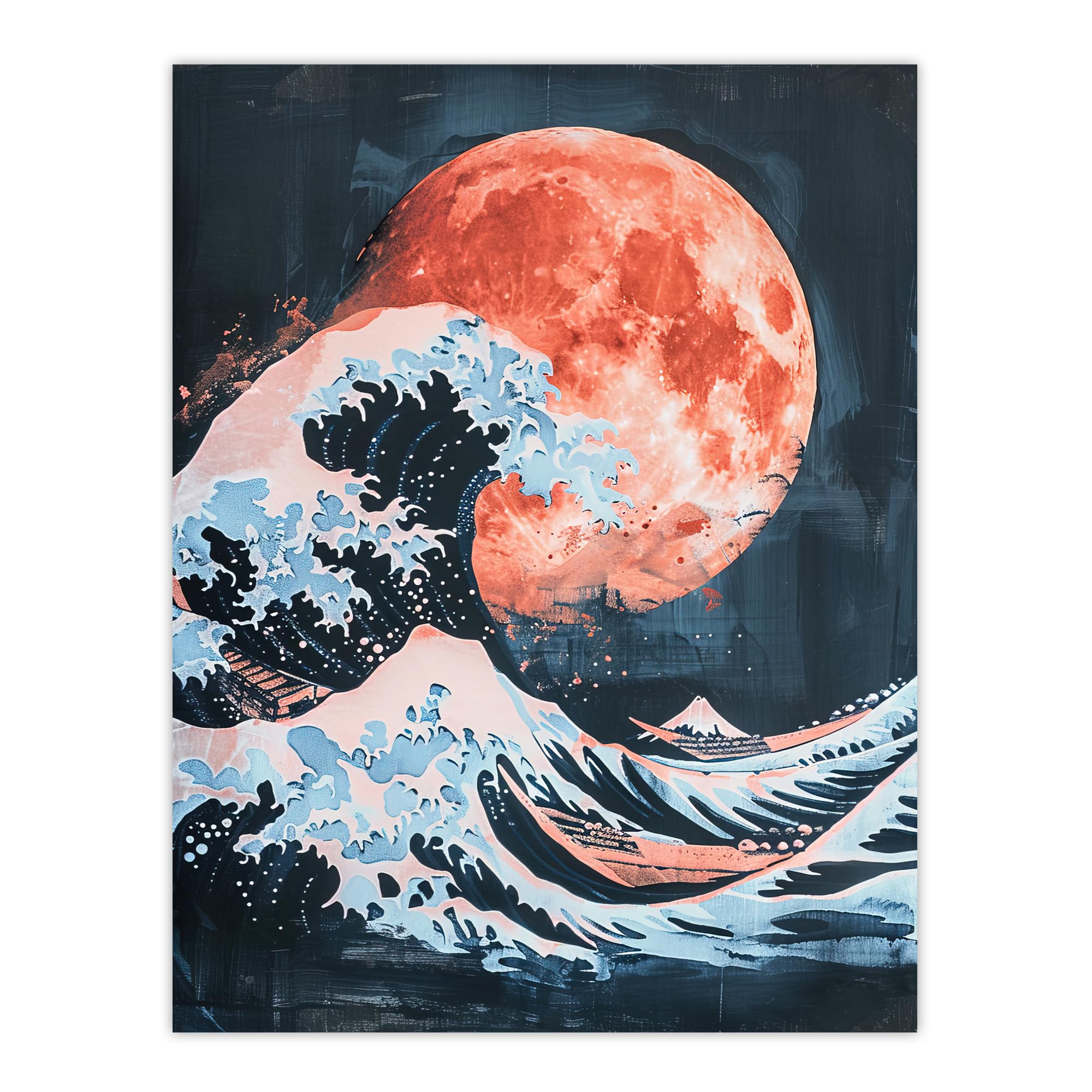 Artery8 Wall Art Print - Surreal Great Wave Blood Moon Sea Storm - Blue - W18" x H24"