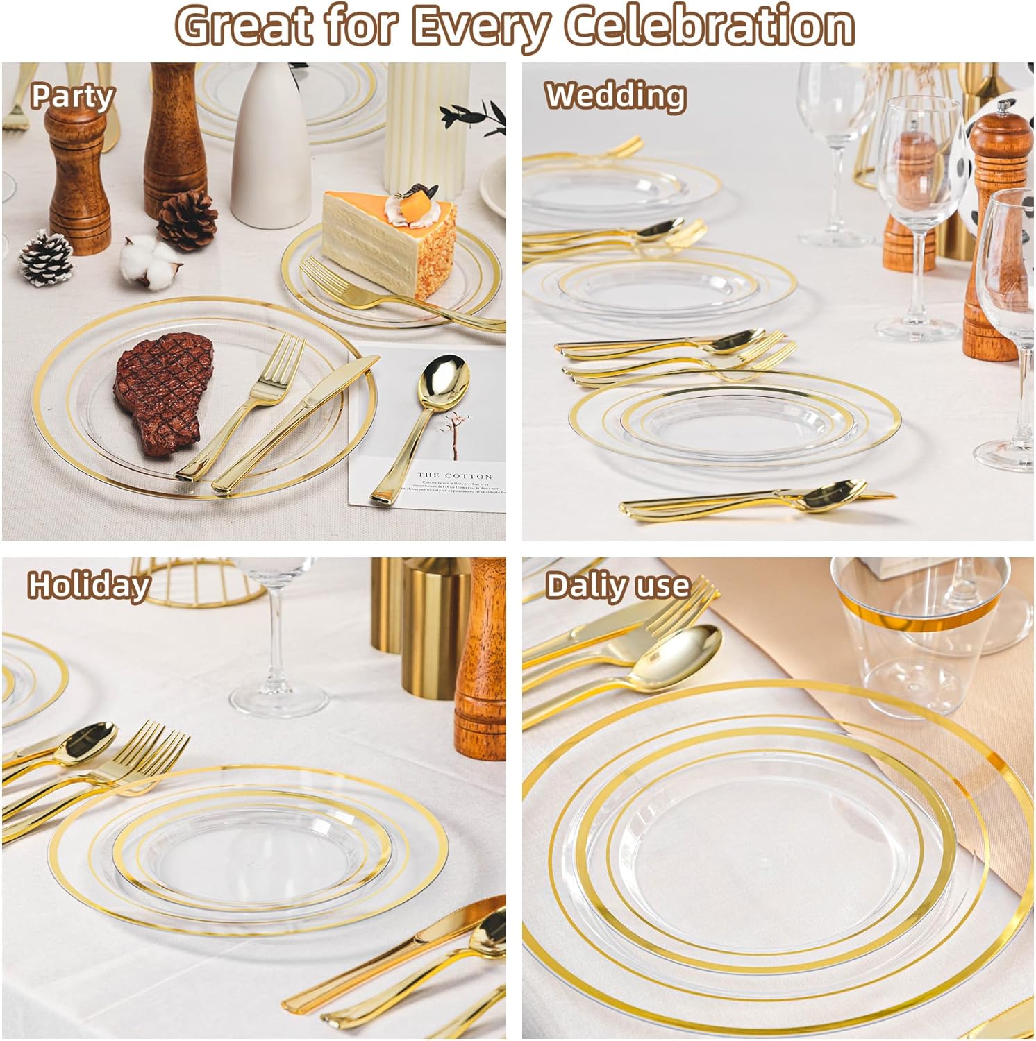 600PCS Clear Plastic Plates Sets with Gold Rim, Gold Dinnerware Set for 100 Guests,100 Disposable Dinner and Dessert Plates, 300 Silverwares and 100 Cups for Party and Wedding - Image 5