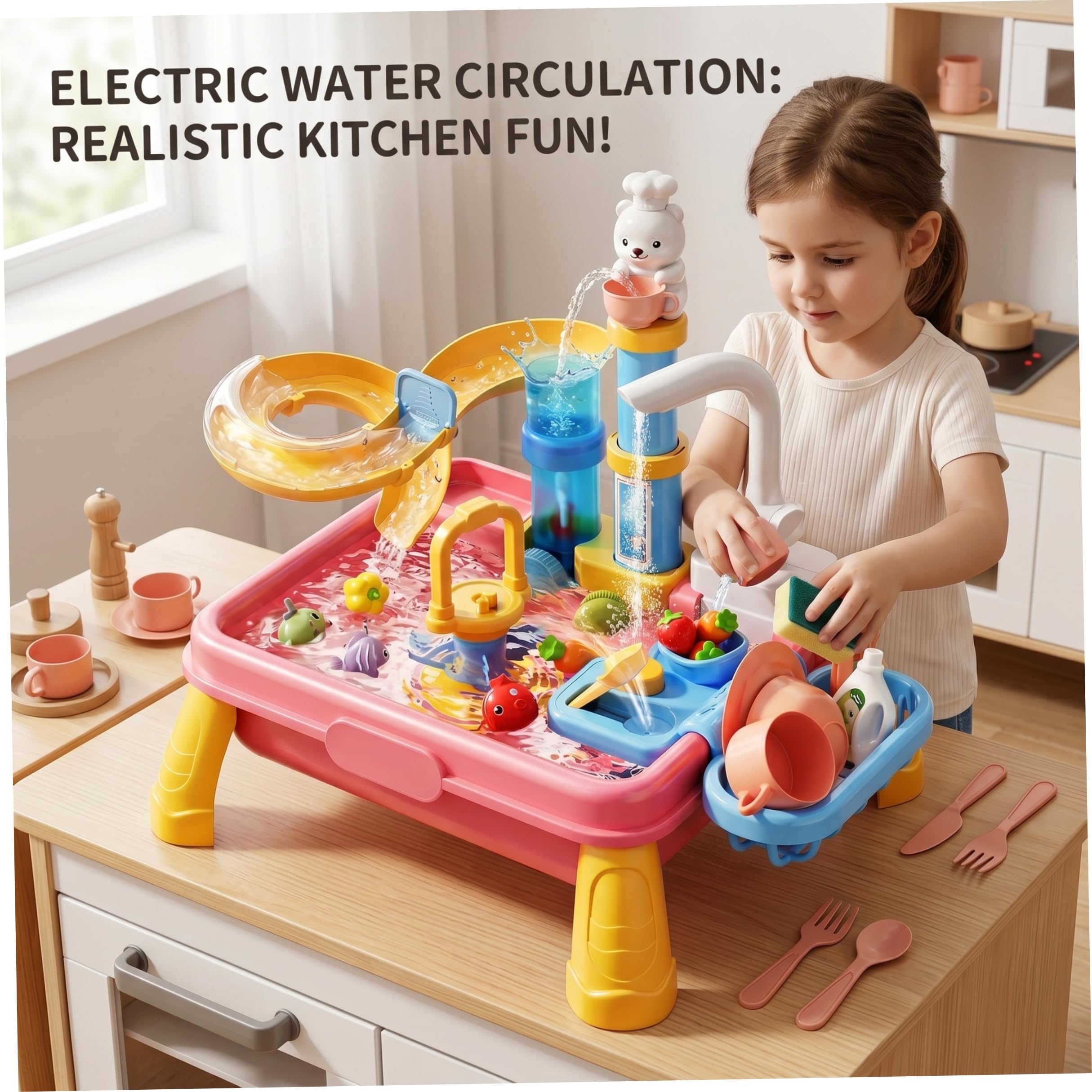 Lavandino da gioco con acqua corrente, Tavolo da acqua per bambini 7 in 1 con giocattolo da pesca Realistico Fai finta di giocare a Circolazione automatica del giocattolo della cucina per le ragazz