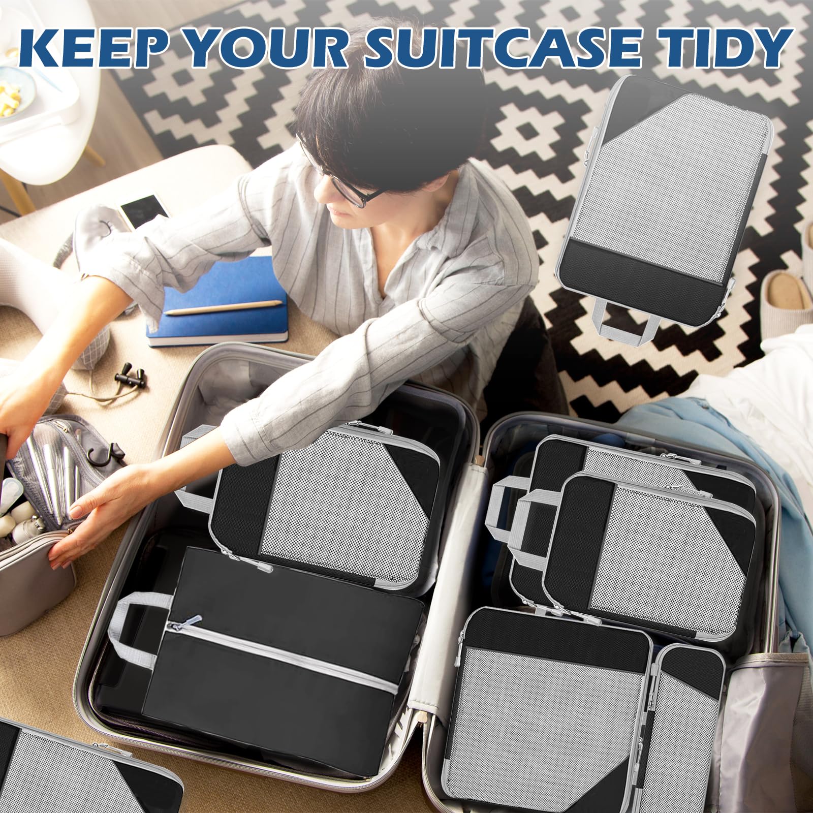 Set 8 Pezzi Organizer Valigia | Cubi Compressione Viaggio | Sacchetti Per Vestiti, Scarpe E Beauty - Foto 7