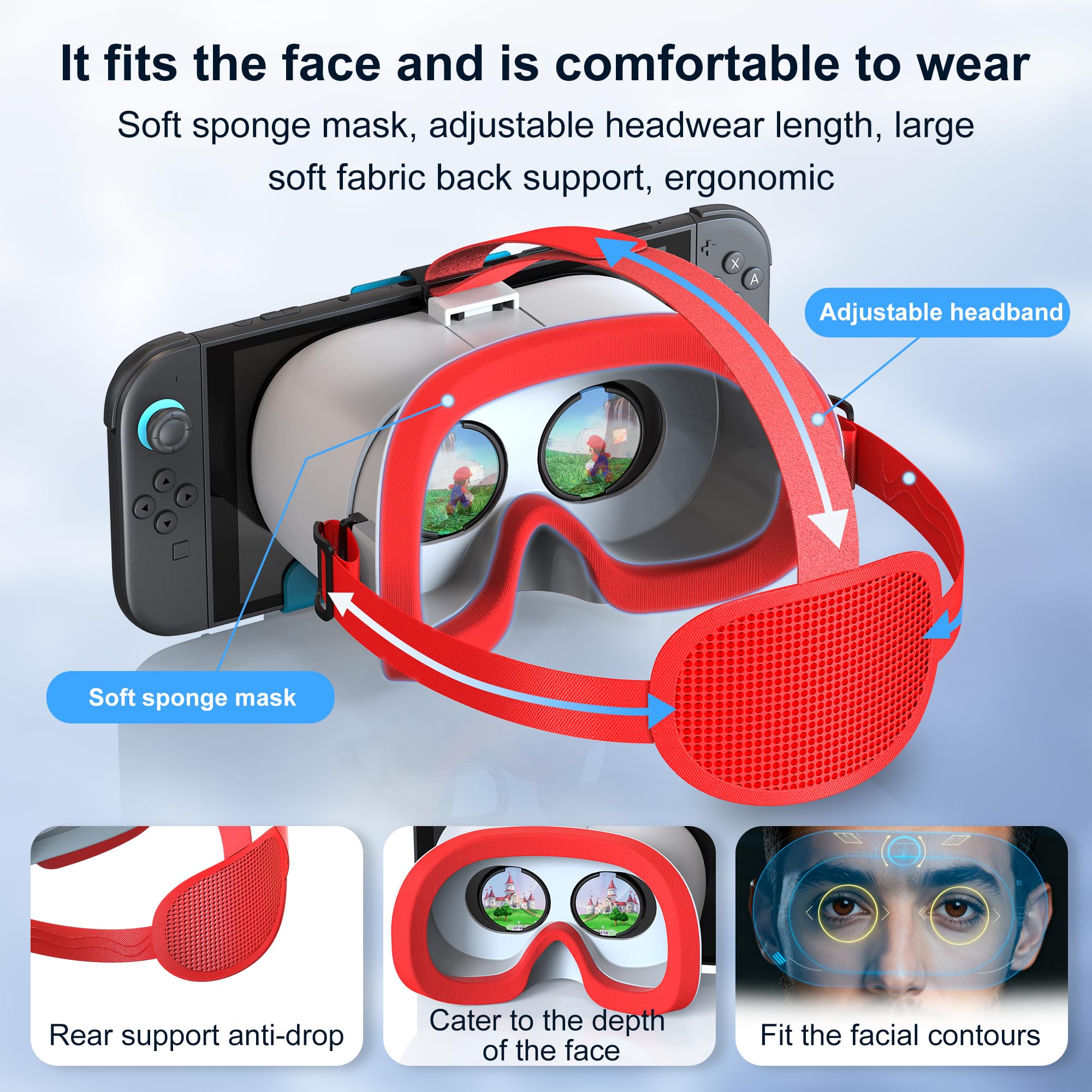 Casque de réalité virtuelle pour Nintendo Switch 2 avec objectifs HD réglables et sangle de tête confortable, lunettes 3D pour accessoires Switch 2 (bleu blanc)