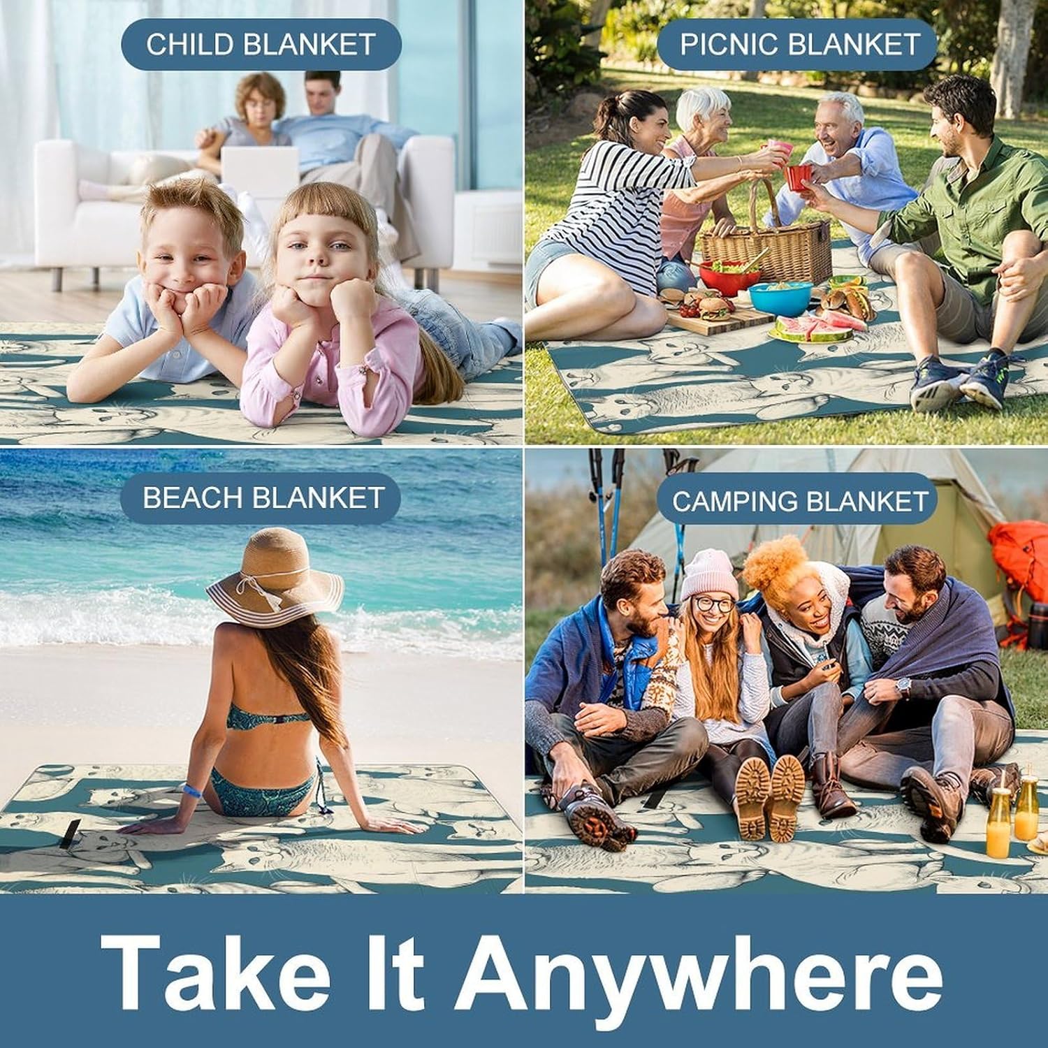 Animal Patterns Waterproof Picnic Blanket 58.3''x58.3'',Portable and Foldable Picnic Mat with Handle,Outdoor Blankets for Lawn Park Beach Travel