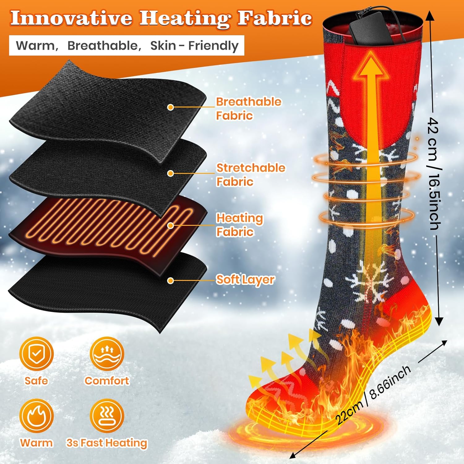 Rechargeable Electric Heated Socks for Men Women Unisex 3 Heating Levels, 6-10H Warmth,Christmas Stocking Gift,Feet Heating,Washable Winter Socks,Camping Skiing Hunting Skating - Image 2