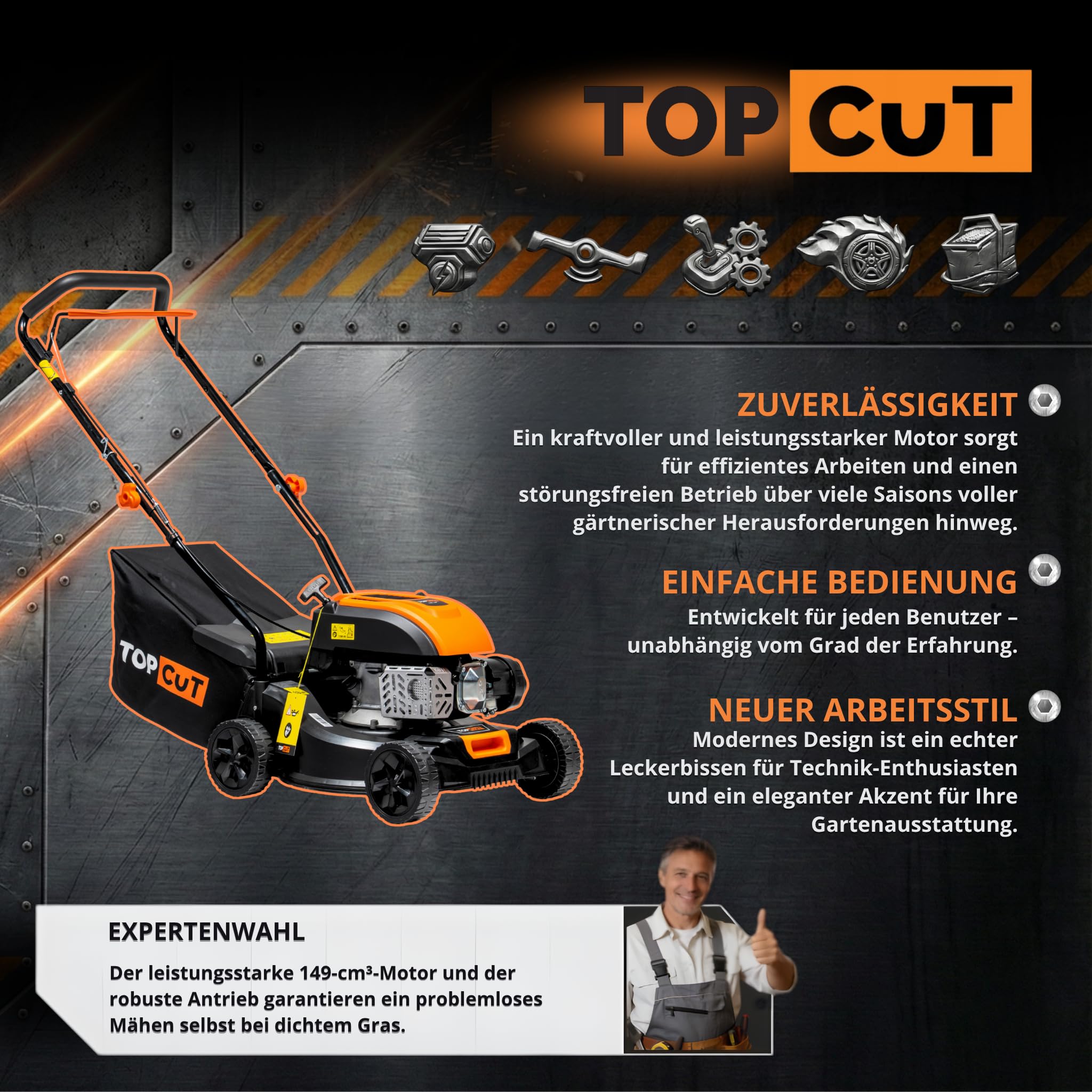 TOP CUT Tosaerba a benzina TC-LS-40-149L, larghezza di taglio 40 cm, leggero e maneggevole, 149 cc, 3000 giri/min, cestino 45 l, 7 Nm, motore QL150 OHV, Easy Start, antiruggine
