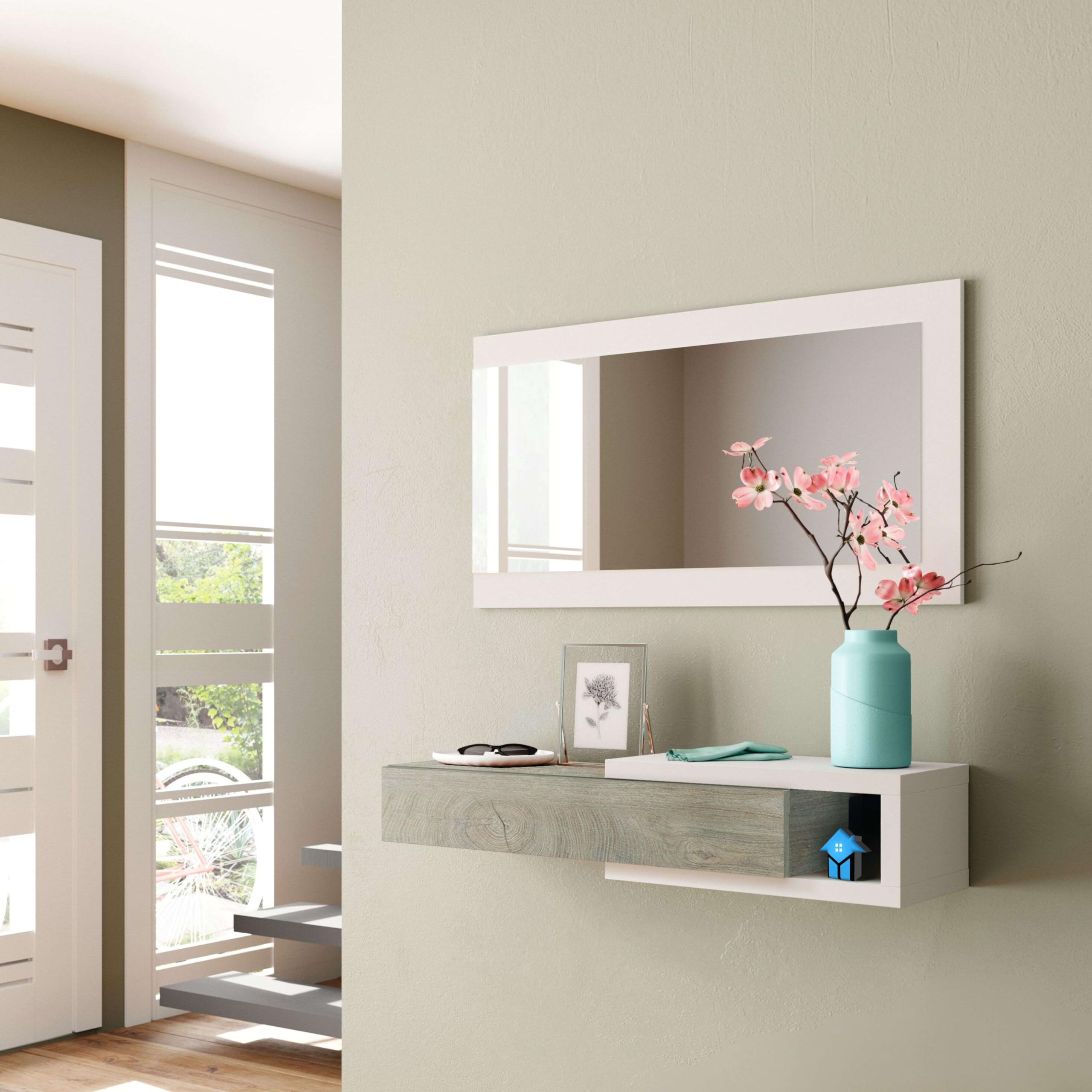 Miroytengo Mueble de Entrada Noon Recibidor con Espejo Estilo Multifuncional en Color Blanco Artik y Roble Alaska 95 cm