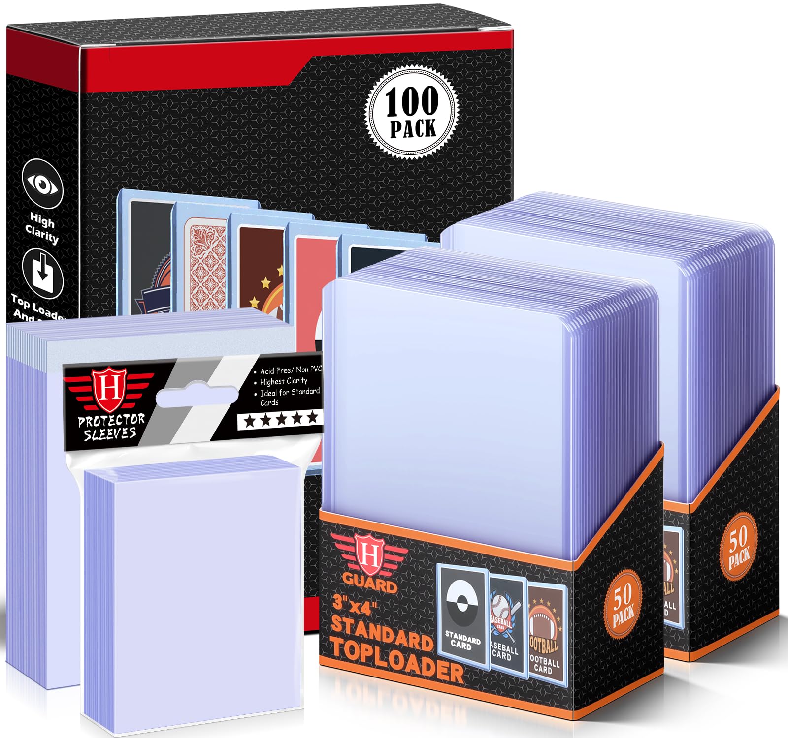200 Pcs Top Loaders Card Sleeves, Hard Plastic Sleeves Clear Card Protectors, Trading Cards Sleeves for Baseball, Sports, MTG, TCG & Standard Cards(100 Hard + 100 Soft)