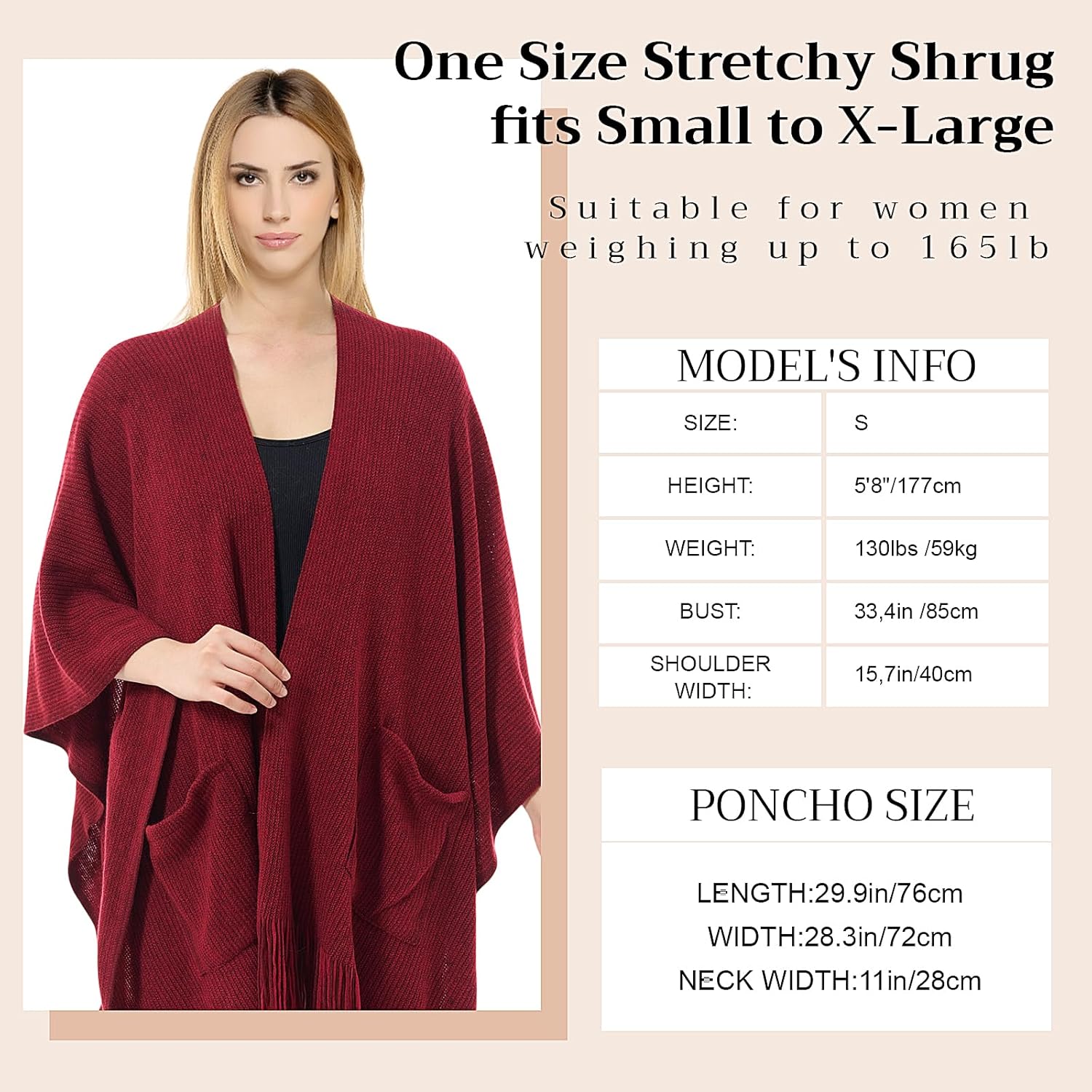 Knitted Poncho for Women, Shawl Wraps with Pockets, Open Front Fringe Winter Shawl with Tassel, Gift for New Year - Image 2