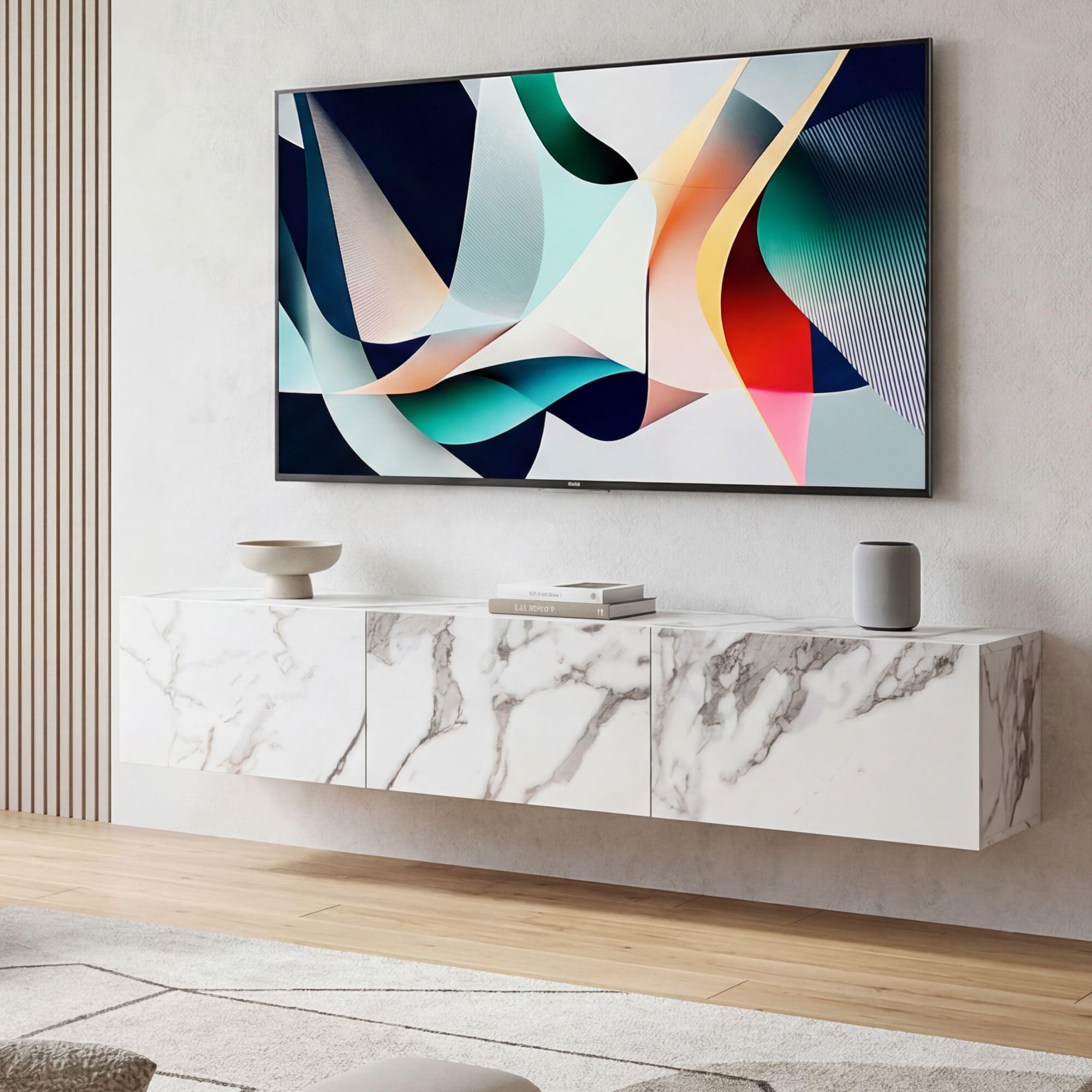 FineBuy Lowboard Hängend 160x30x30 cm Weiß Marmor-Optik mit Klapptüren