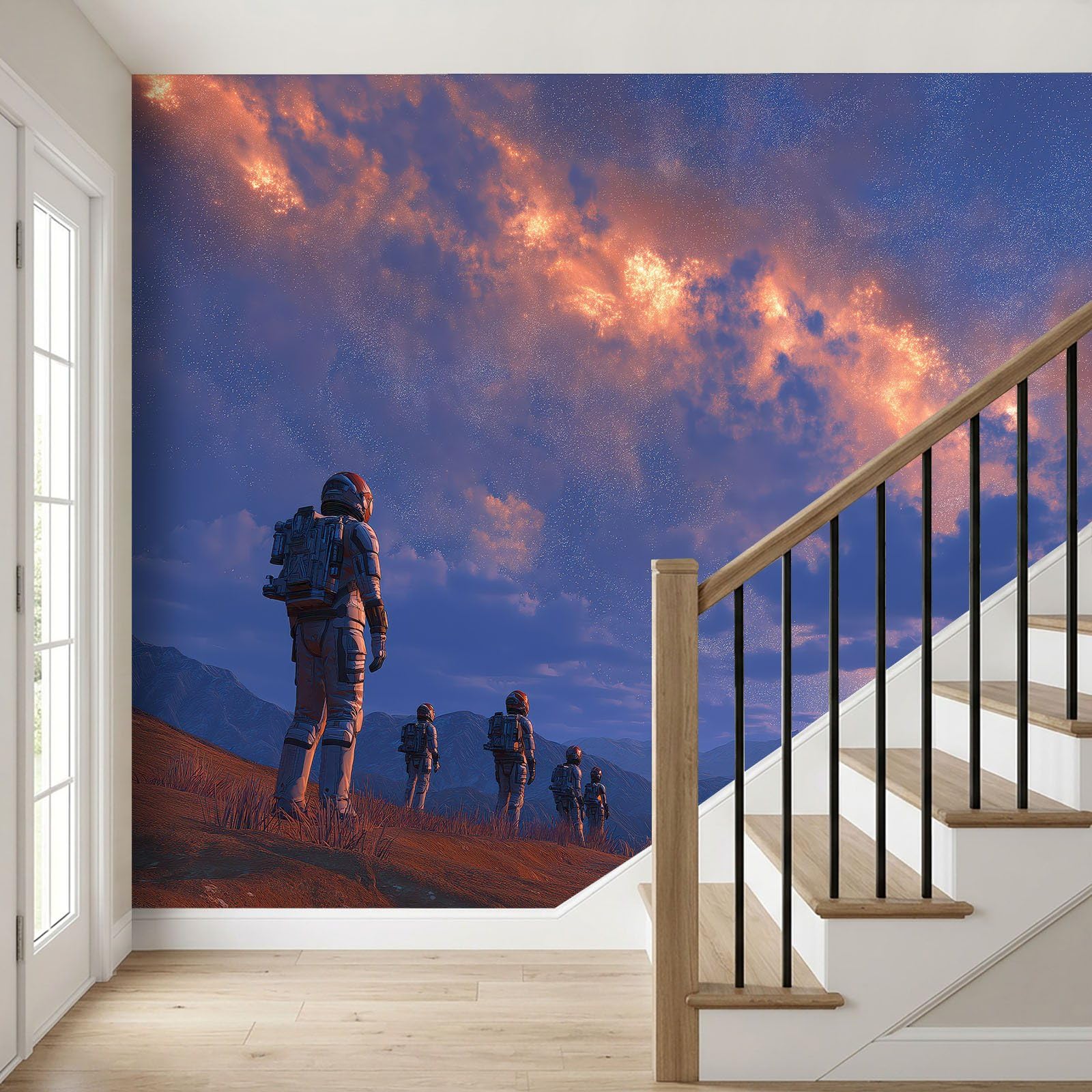 Fototapeta 3D, 250 x 175 cm (szer. x wys.), tapeta z włókniny, do sypialni, salonu, kosmosu, fantazji, tapeta ścienna, fototapeta, dekoracja ścienna, pokój dziecięcy, astronauta, góry, gwiaździste