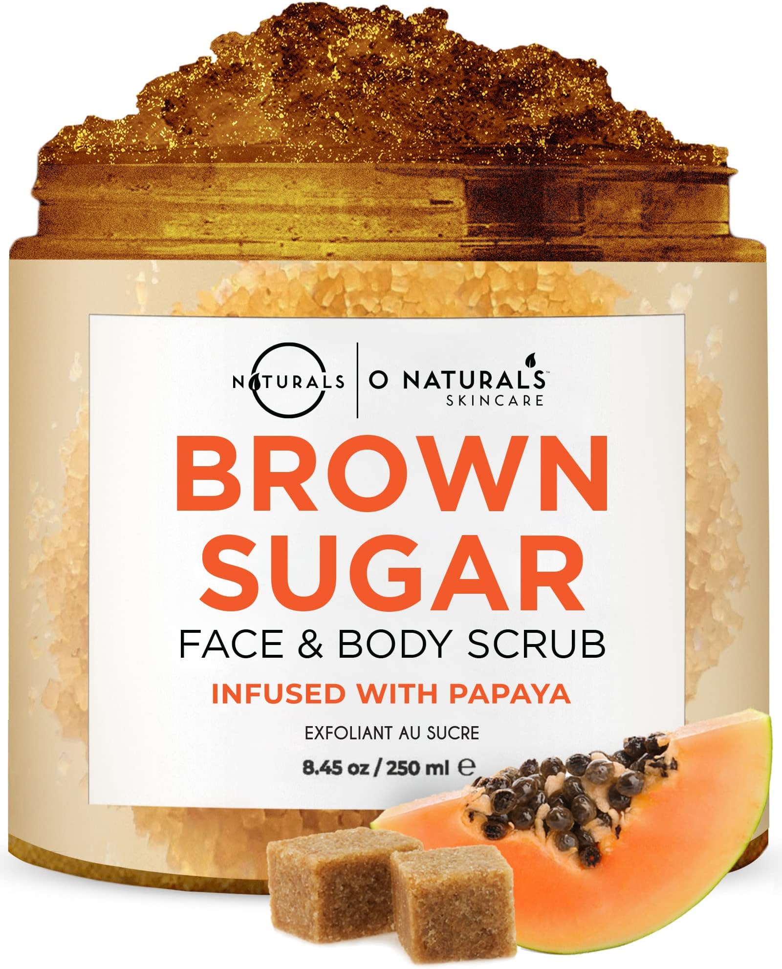 O Naturals Exfoliating Boost Brightening & Lightening Skin Papaya Sugar Natural Scrub Face Body & Foot Anti Cellulite Remove Dark Spot Age Spot Acne Stretch Mark Moisturizing Hydrating Men-Women 8.4oz