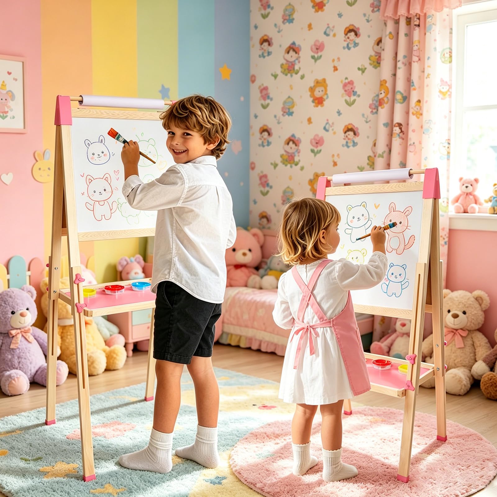 Pizarra Infantil 3 en 1 Doble Cara con Caballete de Madera Altura Ajustable, Pizarra Blanca y Negra con Rollo de Papel Dibujo y Accesorios Multicolor para Niños (rosa)