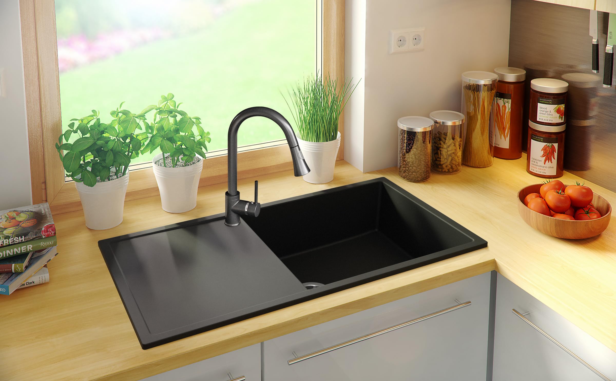 PRIMAGRAN Evier Cuisine en Granit Tout Noir 90x50cm, Lavabo 1 bac + Kit de Vidage, Évier à Encastrer au Meuble 60cm - Ibiza S050