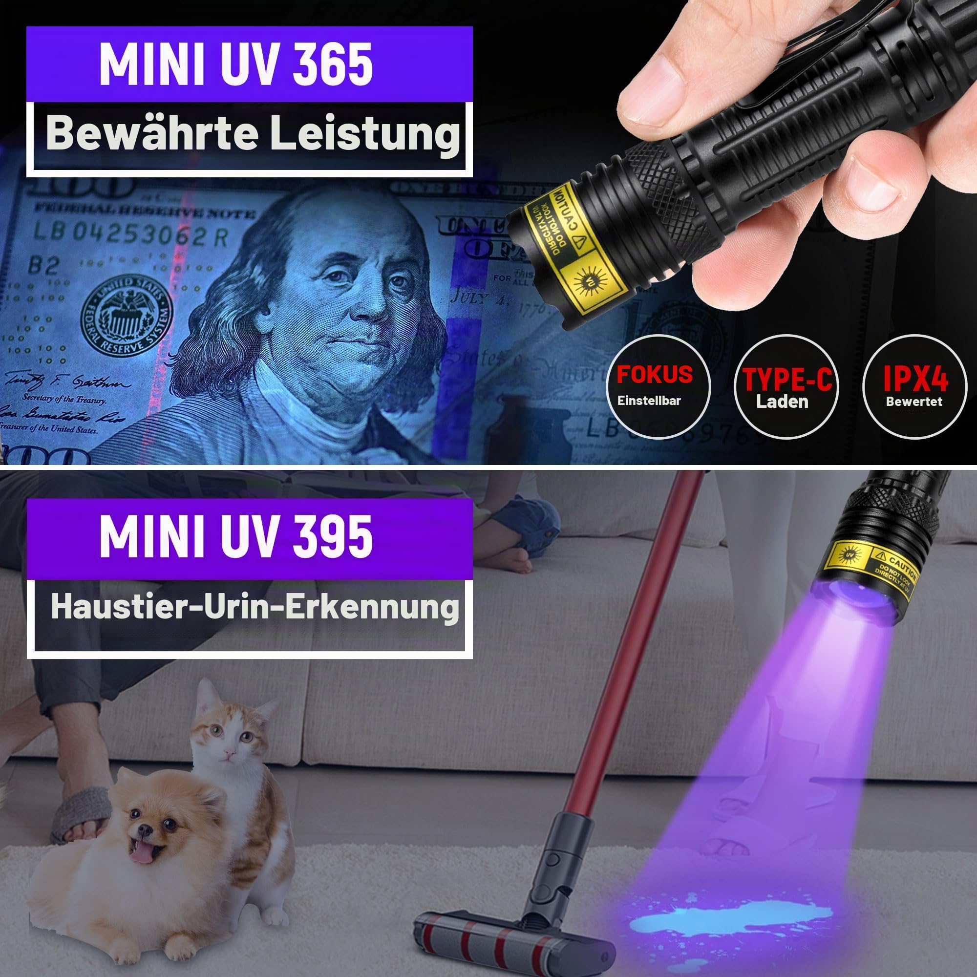 DARKDAWN UV-Taschenlampe, 365 & 395 nm, Schwarzlicht, Mini-USB, wiederaufladbar, UV-LED, Schwarzlicht, Holzlampe, leistungsstarker fluoreszierender tragbarer Detektor für Haustier-Urinflecken, Geld