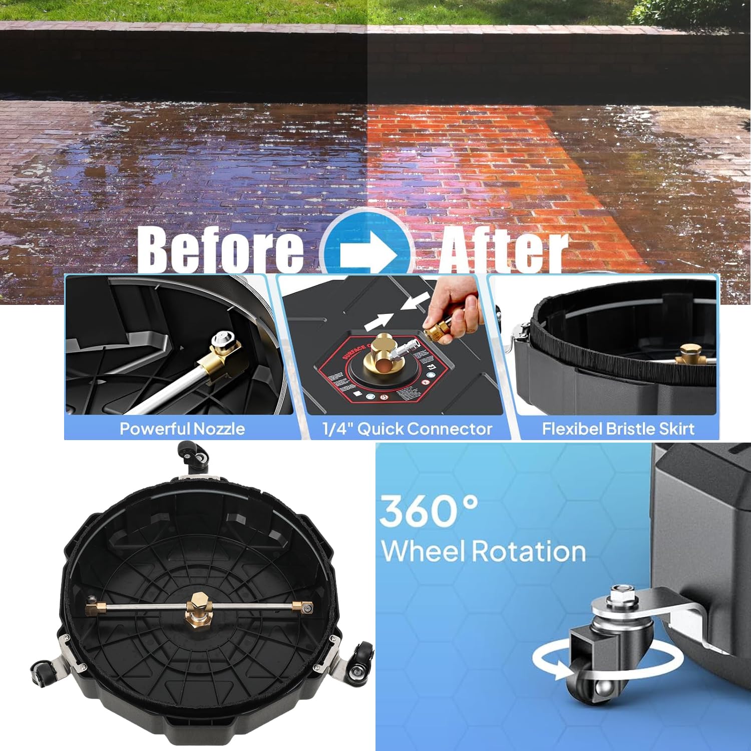 Idropulitrice per Superfici 330mm Idropulitrice Accessorio per Pulizia Superfici 2500 PSI per Pulizia Pavimenti con 3 Ruote e 2 Bacchette di Estensione, Pulitrice per Pavimenti Giardino