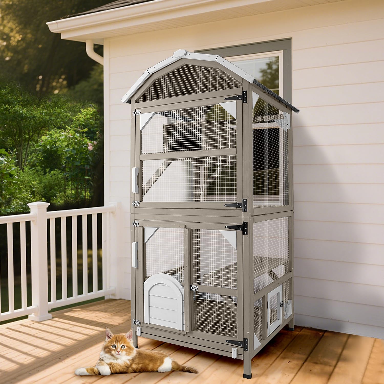 71" Catio Outdoor Cat Enclosures Cat House Waterproof, Indoor Kitty Patio Cage Condo Attachable Window with 3 Platforms Resting Box