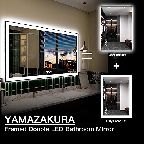 Miniatura 5 de Espejo de baño grande de 55 x 36 pulgadas, retroiluminado y frontal con luz LED, espejo de tocador moderno rectangular negro, regulable, antiniebla,