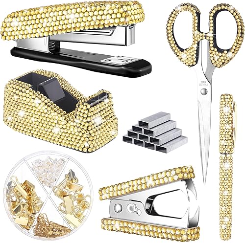 Miniatura 7 de Demissle Juego de 6 piezas de accesorios de escritorio de oficina, kit de papelería escolar de cristal, grapadora de tijera con grapa, dispensador