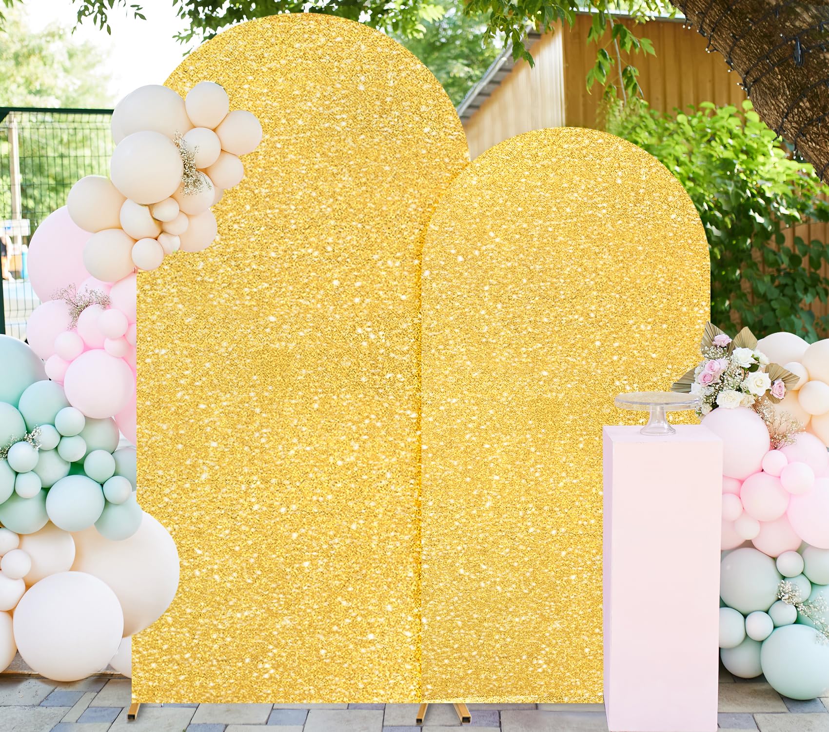 FUHSY Set of 2 Arch Backdrop Cover Gold Wedding Arch Covers 7.2FT, 6FT Chiara Arched Covers Stretchy Backdrops Sparkle Spandex Sequin Backdrop Arches