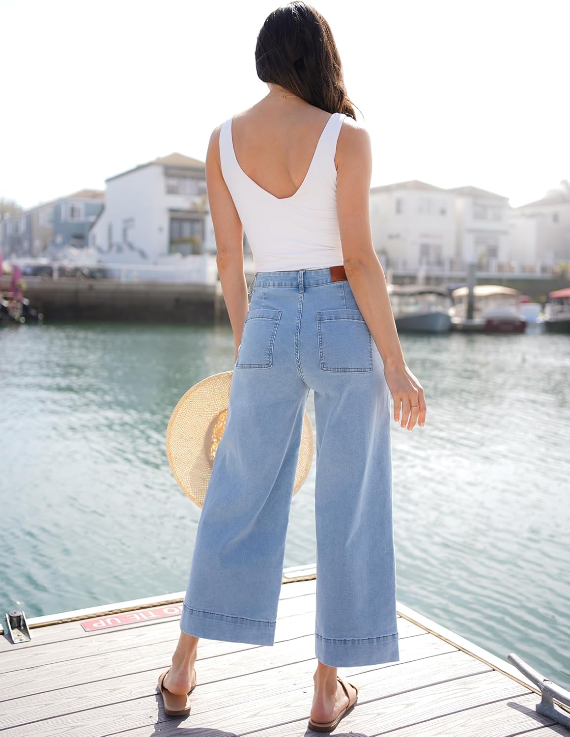 luvamia Wide Leg Jeans for Women Cropped High Waisted Trendy Button Fly Patch Pocket Stretchy Denim Pants Trousers Jeans - Image 3