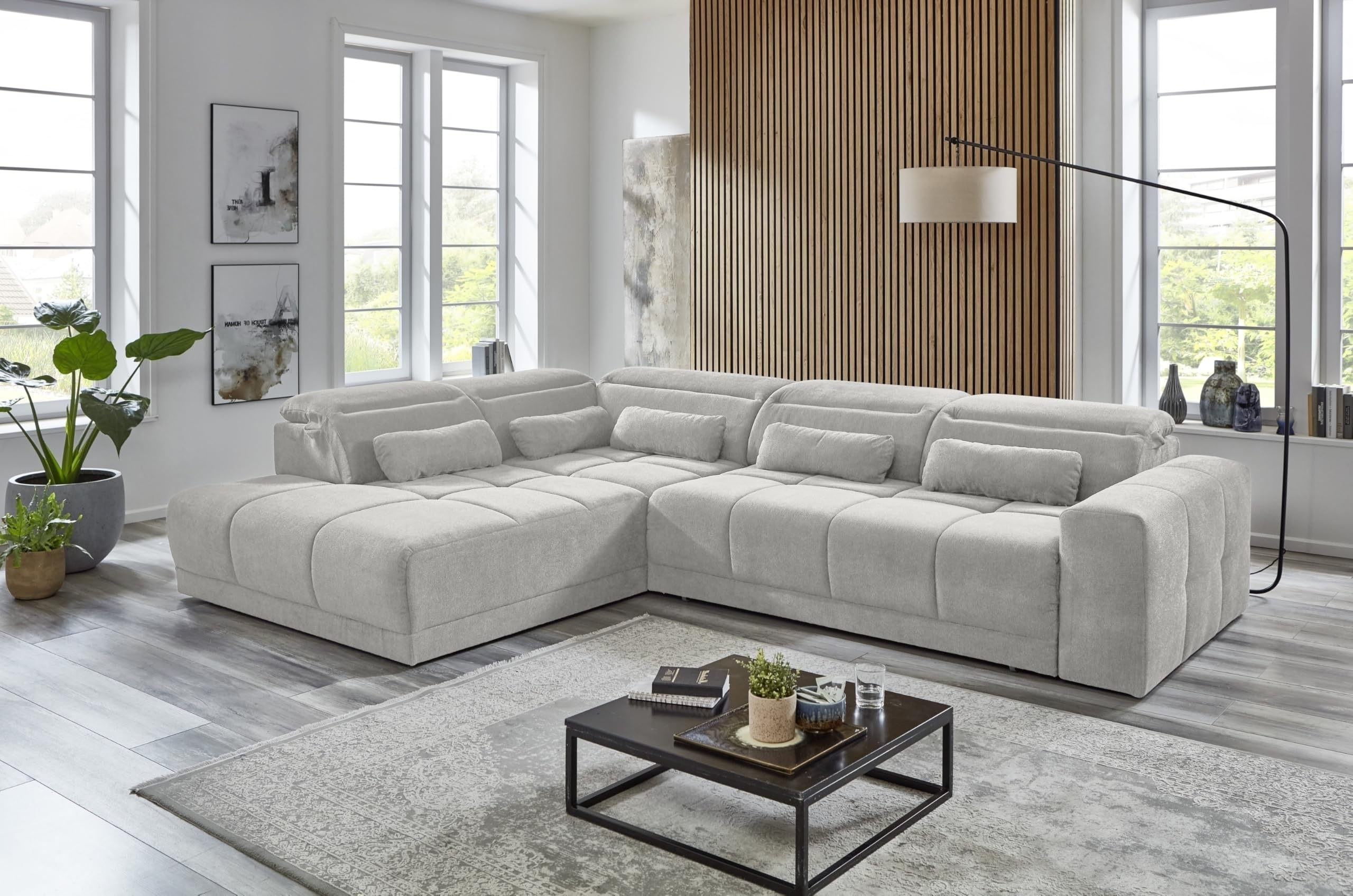 möbelando freiraum Donaugh Ecksofa mit elektrischer Sitztiefenverstellung – 323x231 cm, Silbergrau, inkl. 5 verstellbare Kopfteile & Ottomane – XXL Komfort für Wohnzimmer