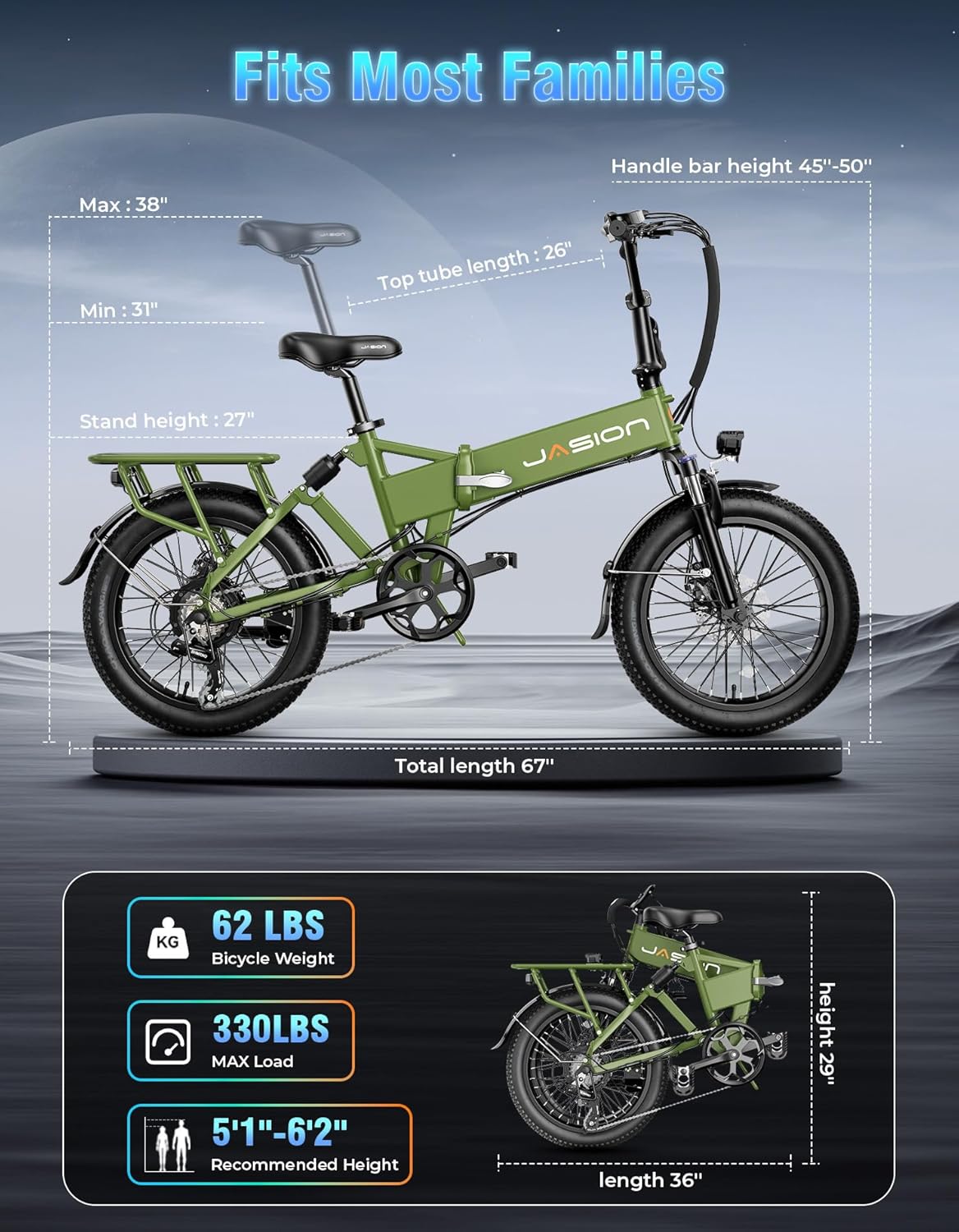 Jasion EB7 2.0 Electric Bike with dimensions and folded view.