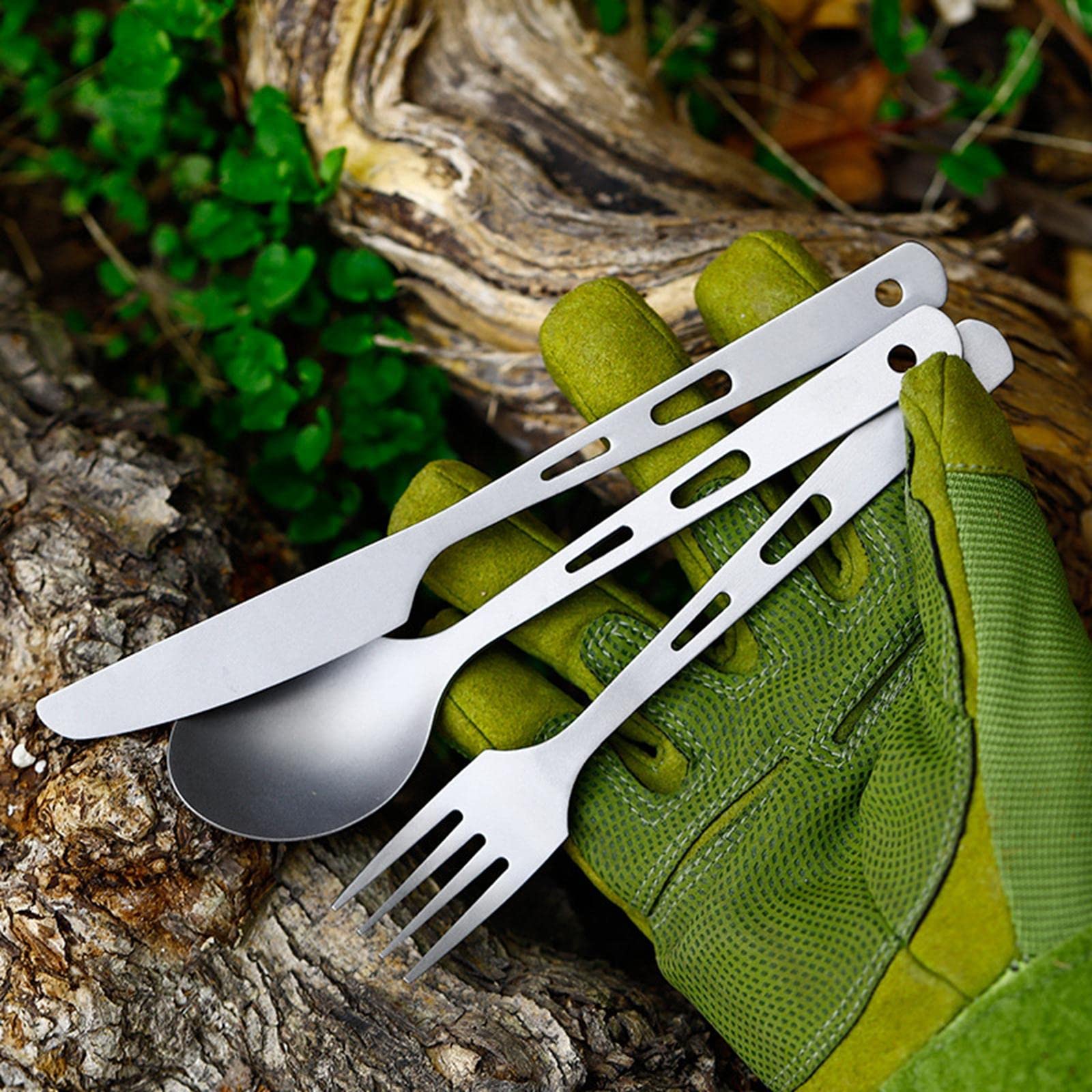 Juego de cubiertos portátiles de camping con mosquetón para viajes, senderismo, cena