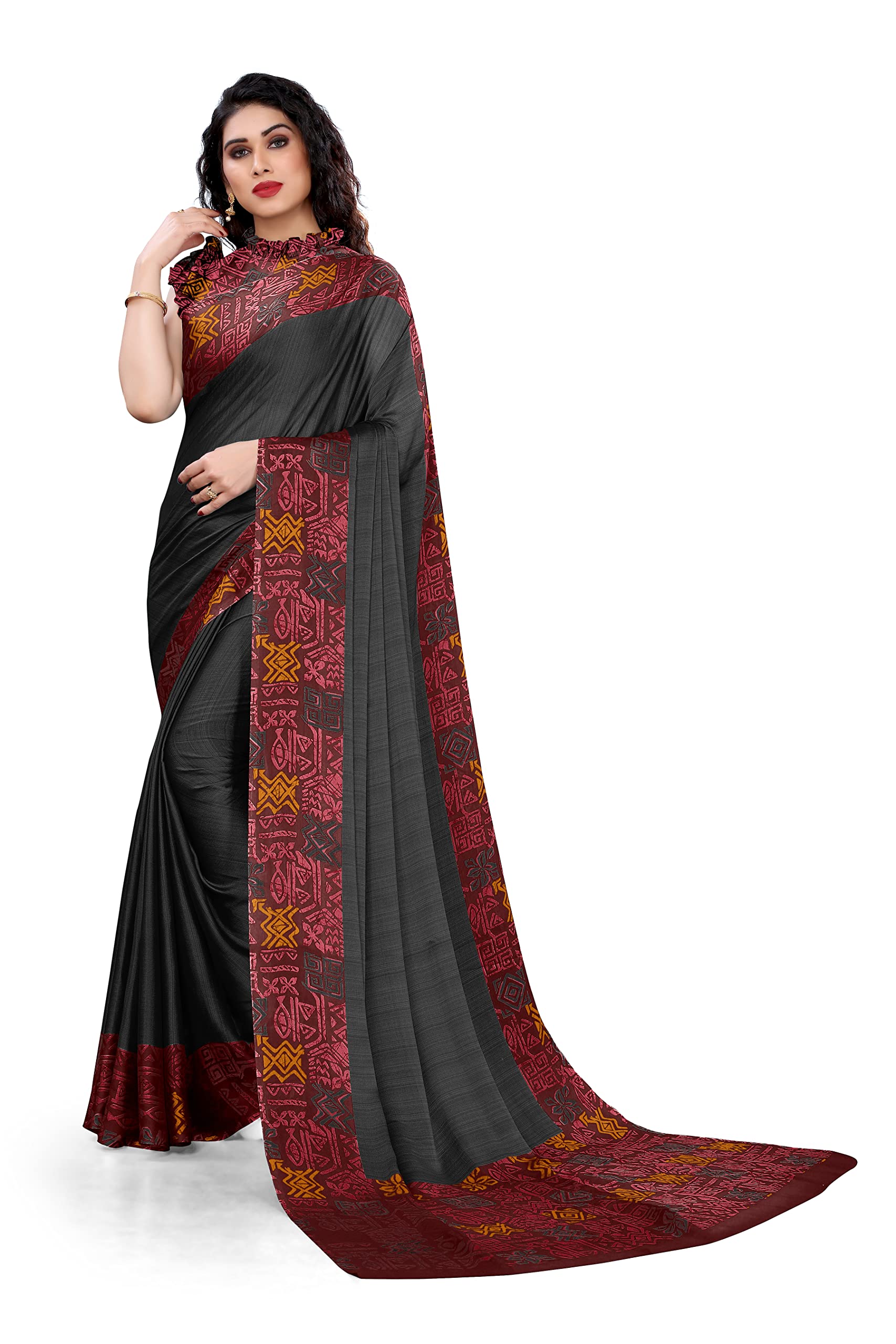 MIRCHI FASHION Women's Plain Weave Chiffon Geometric Printed Saree with Blouse Piece
