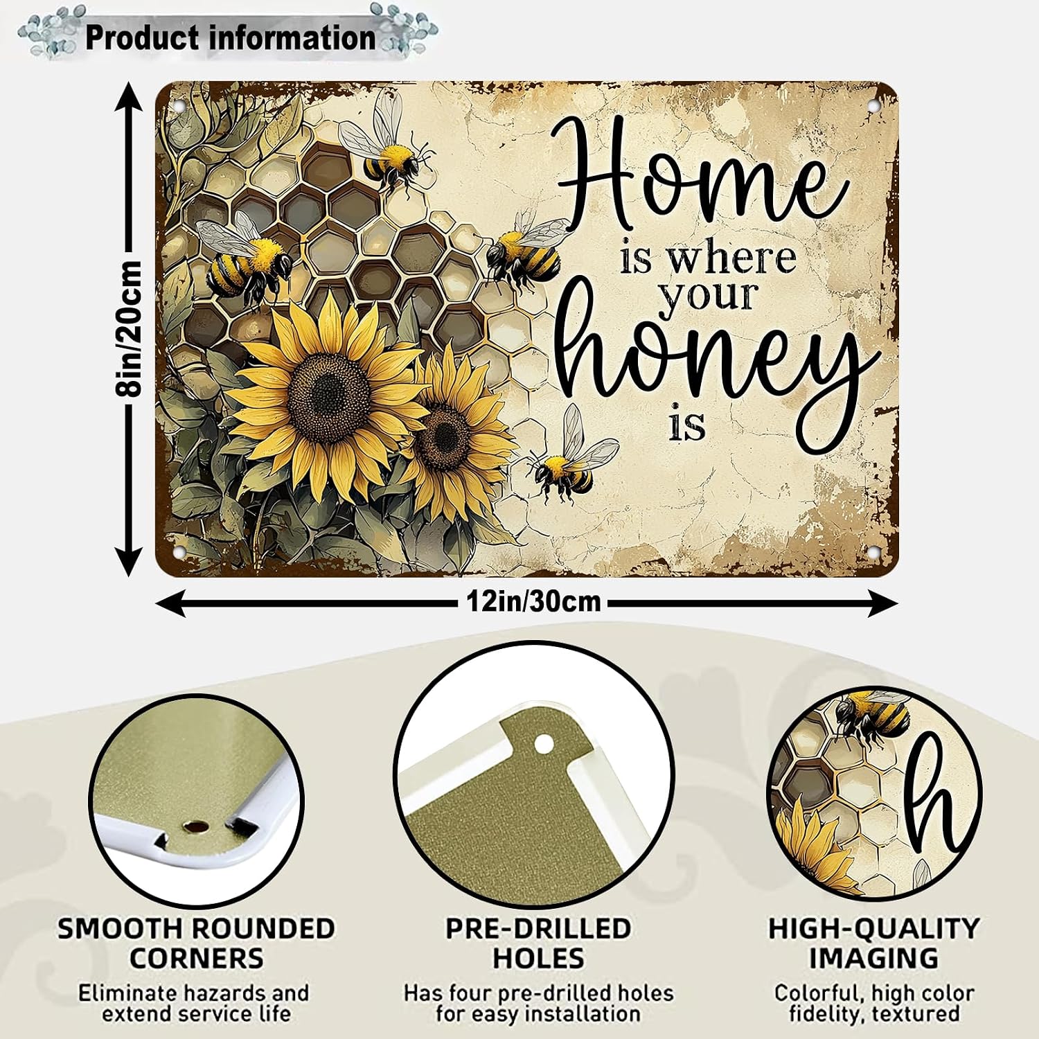 Home is Where Your Honey is Vintage Bee Sunflower Metal Tin Sign Bee Metal Plaque Rustic Farmhouse Wall Decor 12 * 8in image 2