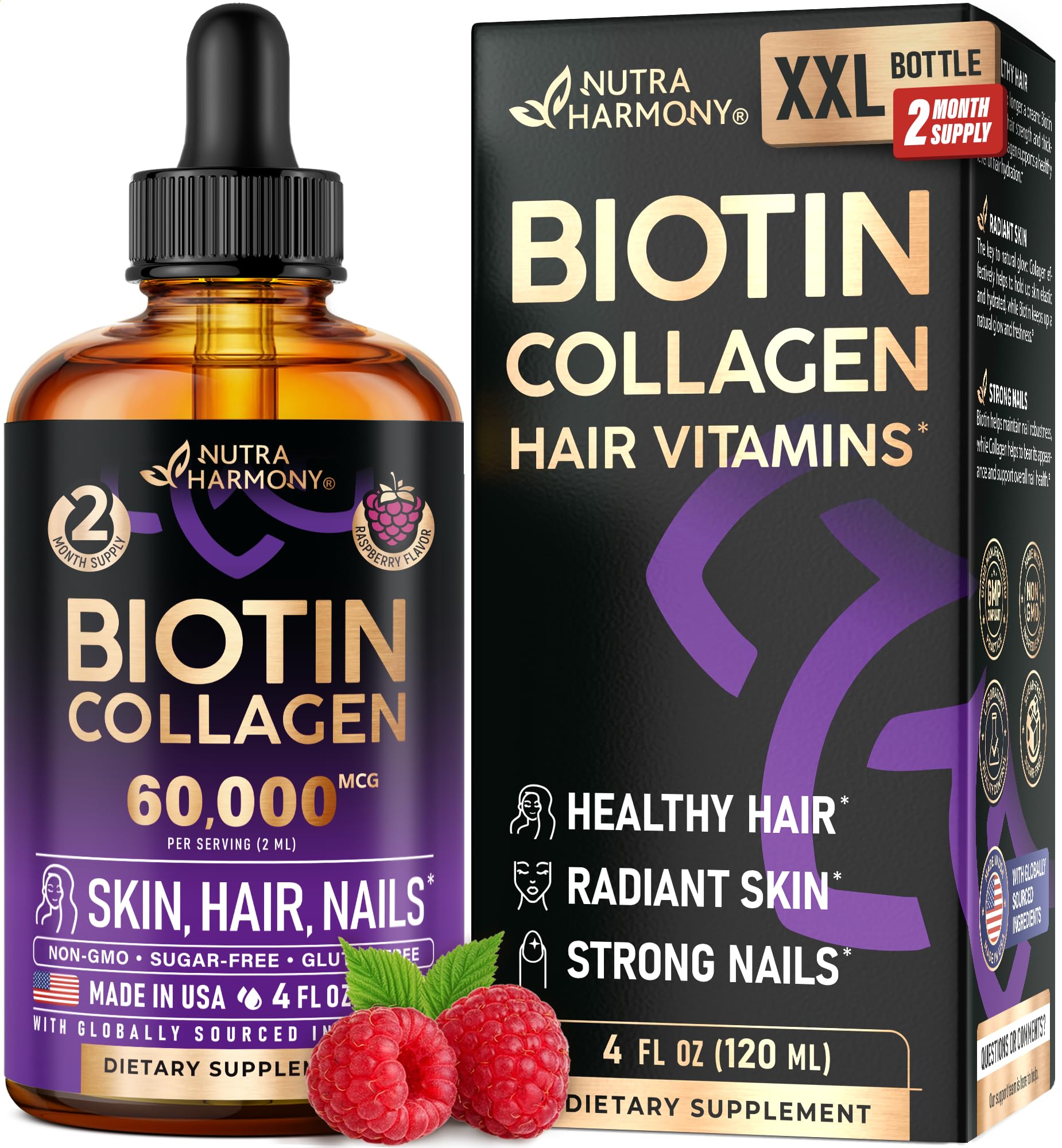 Liquid Biotin & Collagen 60,000 mcg - Vitamins for Hair Growth Support - Extra Strength Drops for Women & Men - Liquid Collagen Supplement - Strong Nails & Healthy Skin - Raspberry Flavor, 4 Fl Oz