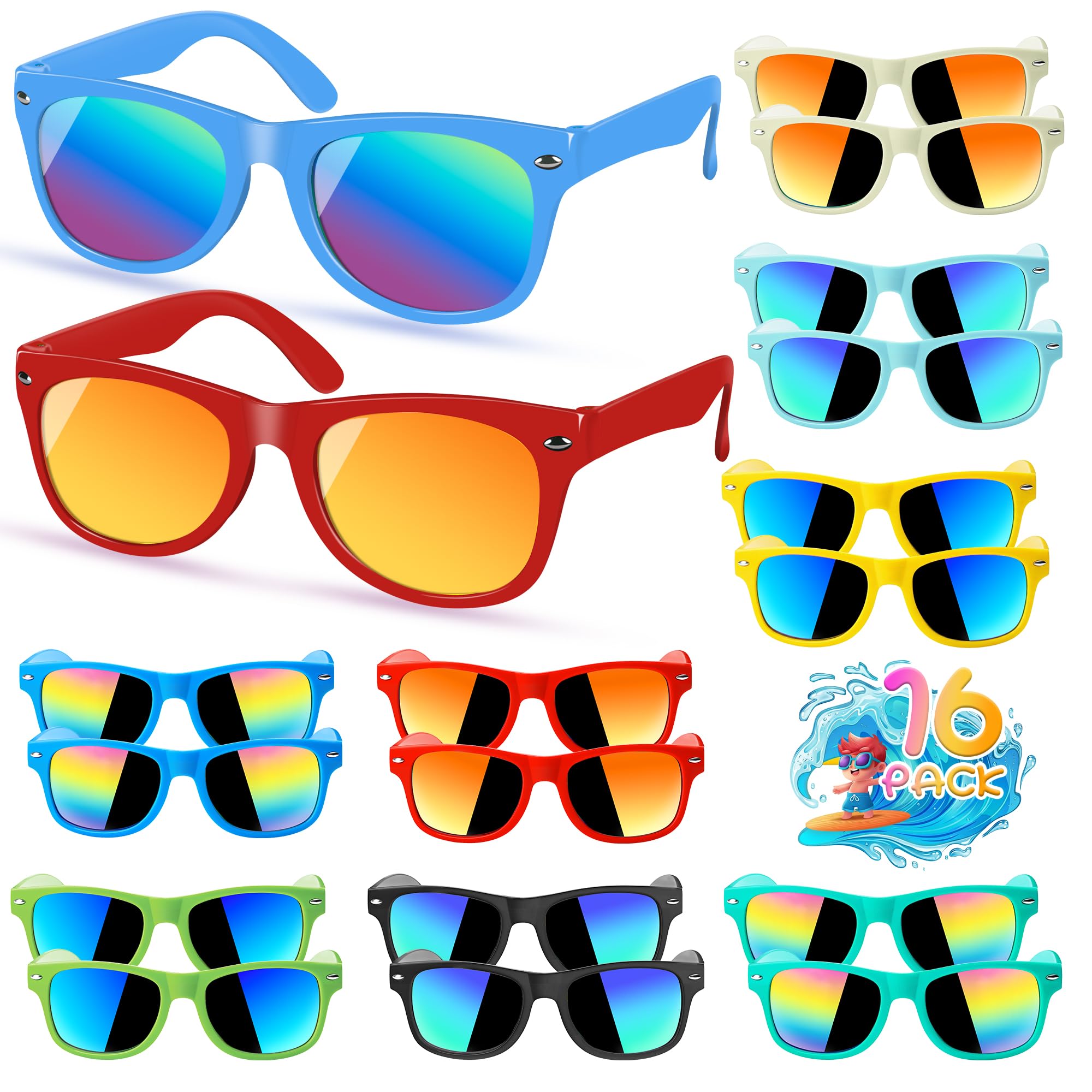 Kids Sunglasses Bulk, Kids Sunglasses Party Favors for Age 3-8, UV400 Protection Neon Kids Sunglasses Bulk for Boys Girls (Square 16 Pack Boys)