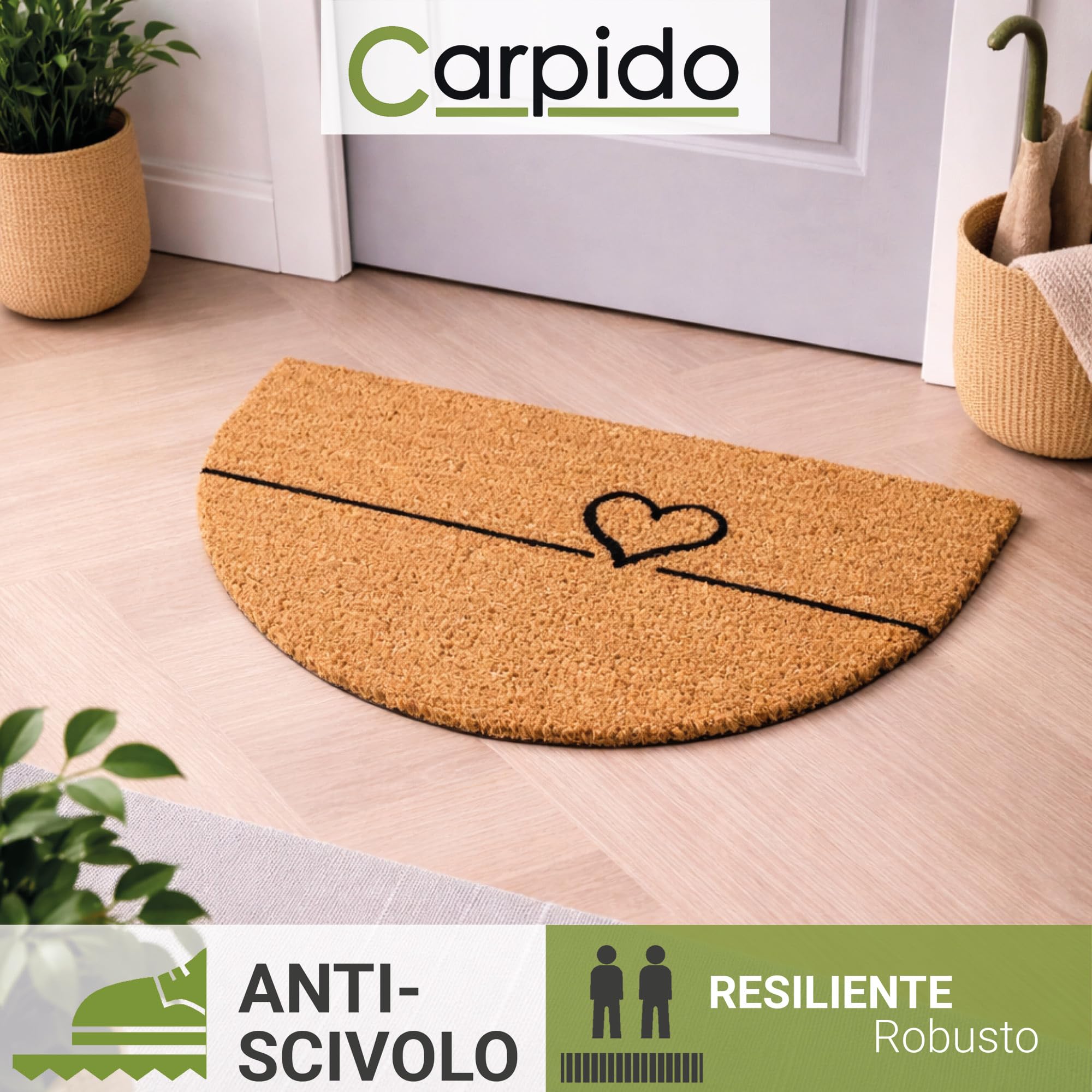 Carpido Zerbino in fibra di cocco a linee semicircolari - clean run 40x60 cm zerbino per porte interne antibatterico in fibra di cocco - materiale naturale