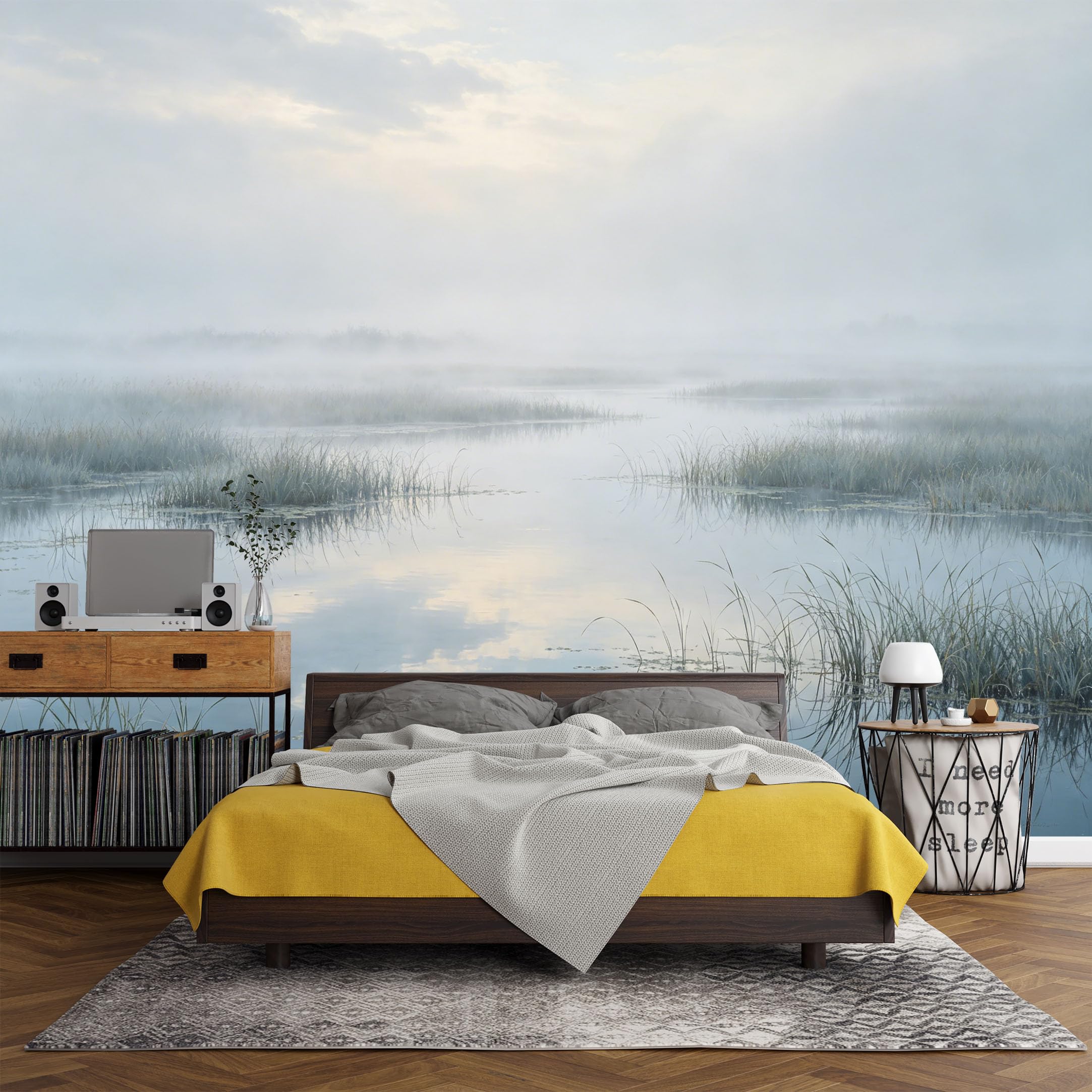 Custom Size Wall Mural， Misty Lake Wetland Morning Landscape Water Reflections Tranquil Nature Scene，SelfAdhesive Art Prints wall Fabric (No PVC) Removable Wallpaper Living Room Decor
