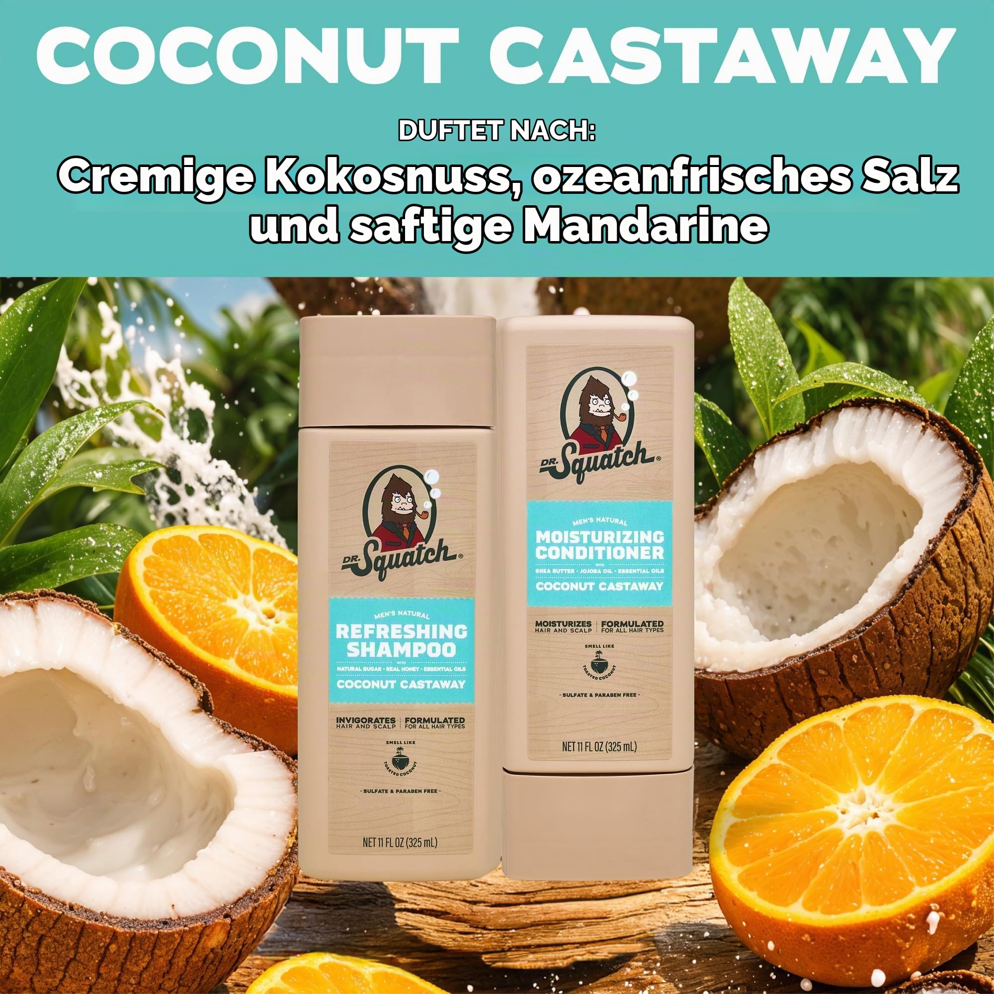 Dr. Squatch Natürliches Shampoo & Conditioner Set für Männer – gesund aussehendes, volleres Haar – Coconut Castaway Shampoo und Conditioner für Herren (325 ml, 2er-Pack)