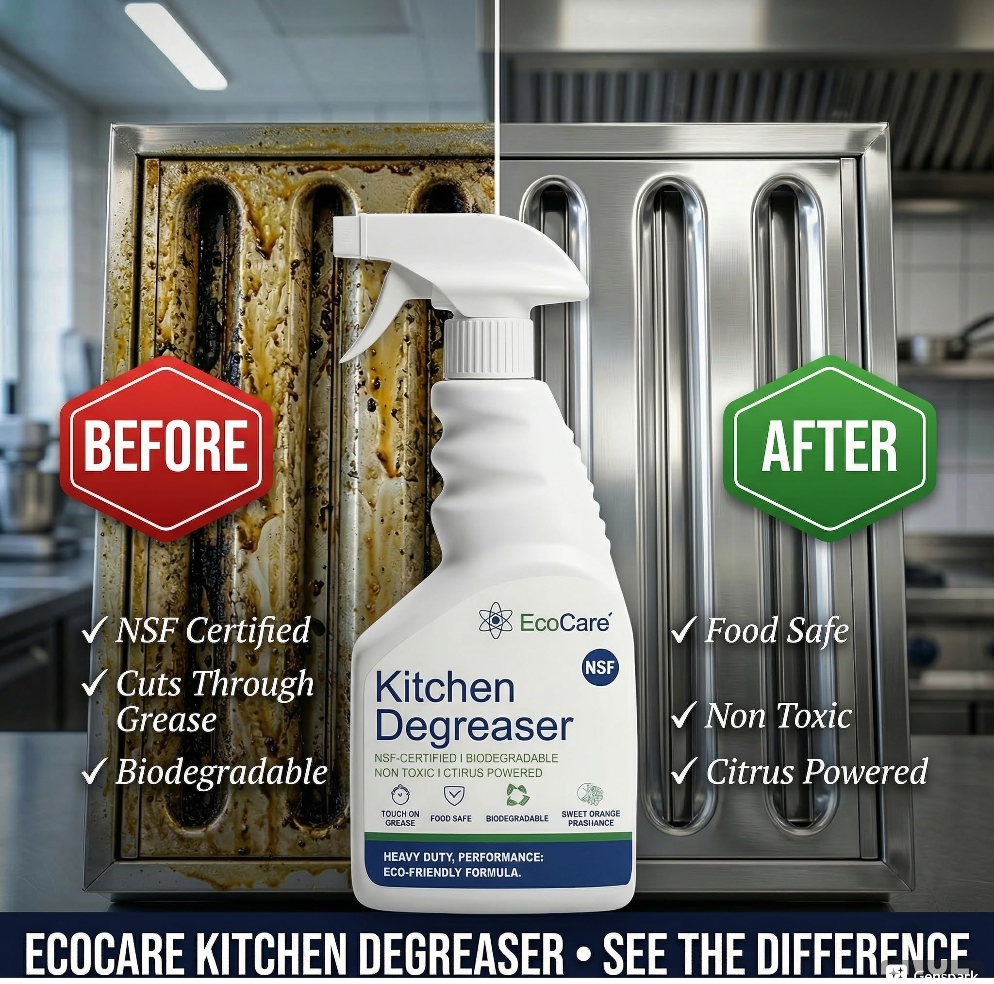 EcoCare Kitchen Cleaner Degreaser | Food-Grade Cleaning Spray For Tough Grease & Burnt Grill | Remove Stubborn Stains on Steel, Copper, Stoves, Chimneys, Counter Tops, Cookware & Appliances 400ML 4