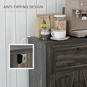 Farmhouse Barn Door Accent Cabinet, Kitchen Buffet Sideboard Storage Cabinet with Double Doors, Drawer, and Adjustable Shelf for Bedroom, Living Room, Dark Brown