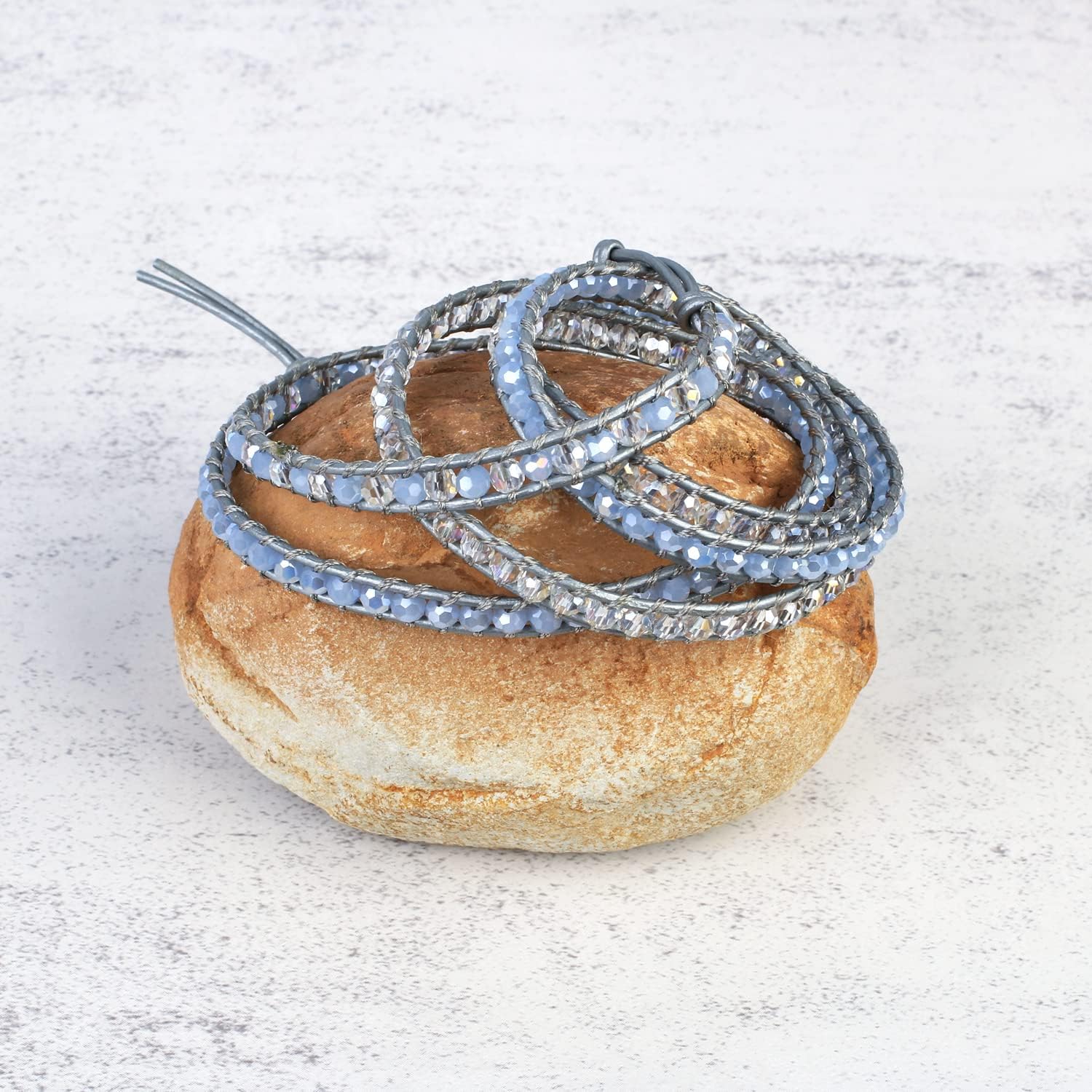 KELITCH Blue Crystal AB Charms Bracelets Handmade Leather 5 Wrap Bracelets Women Crystal Jewelry