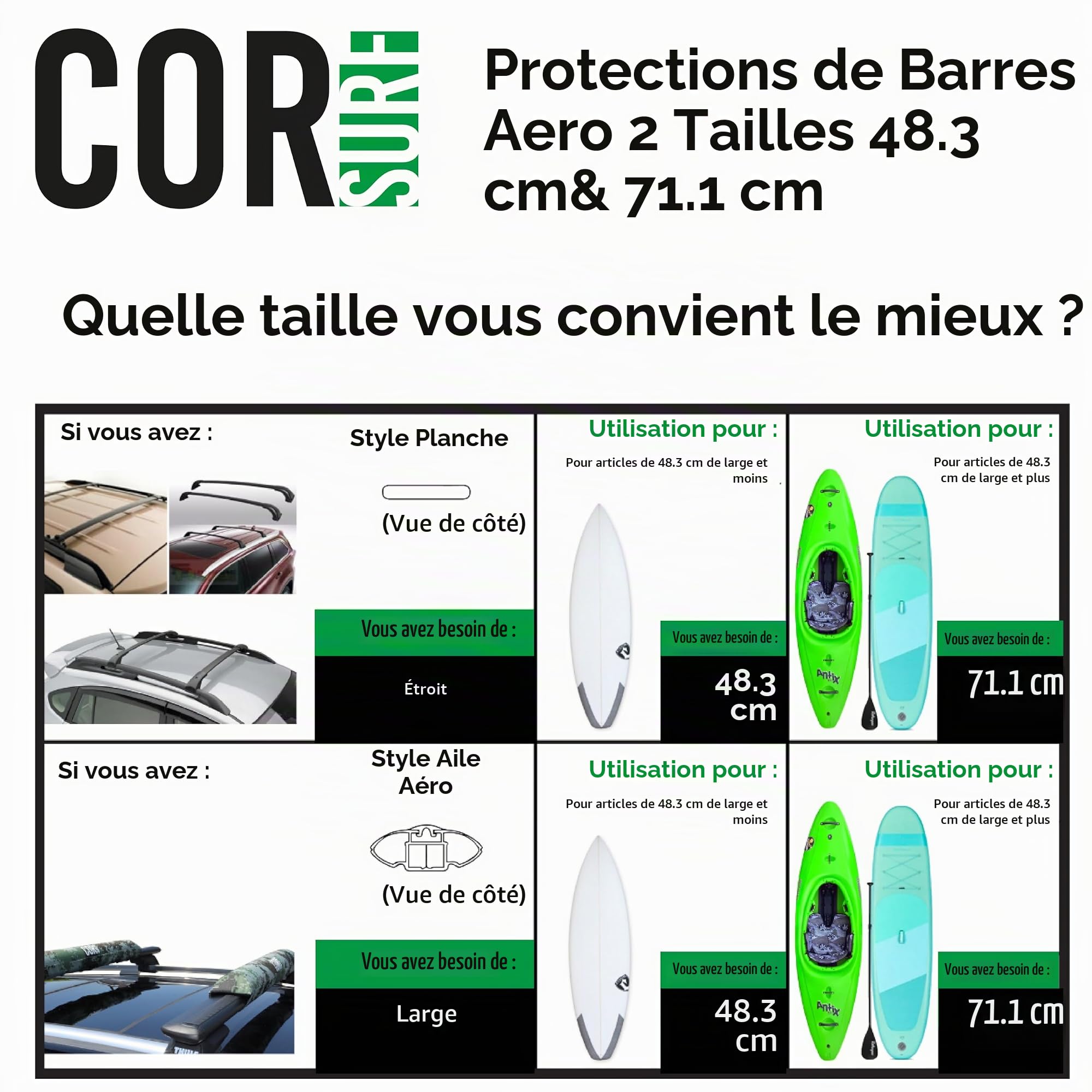 COR Surf Pads de galerie de Toit/Support de Snowboard pour Planche de Surf Kayak Sup Snowboard | [Paire] 28 "et 19" - pour Les Grandes Barres aérodynamiques (Small 28")