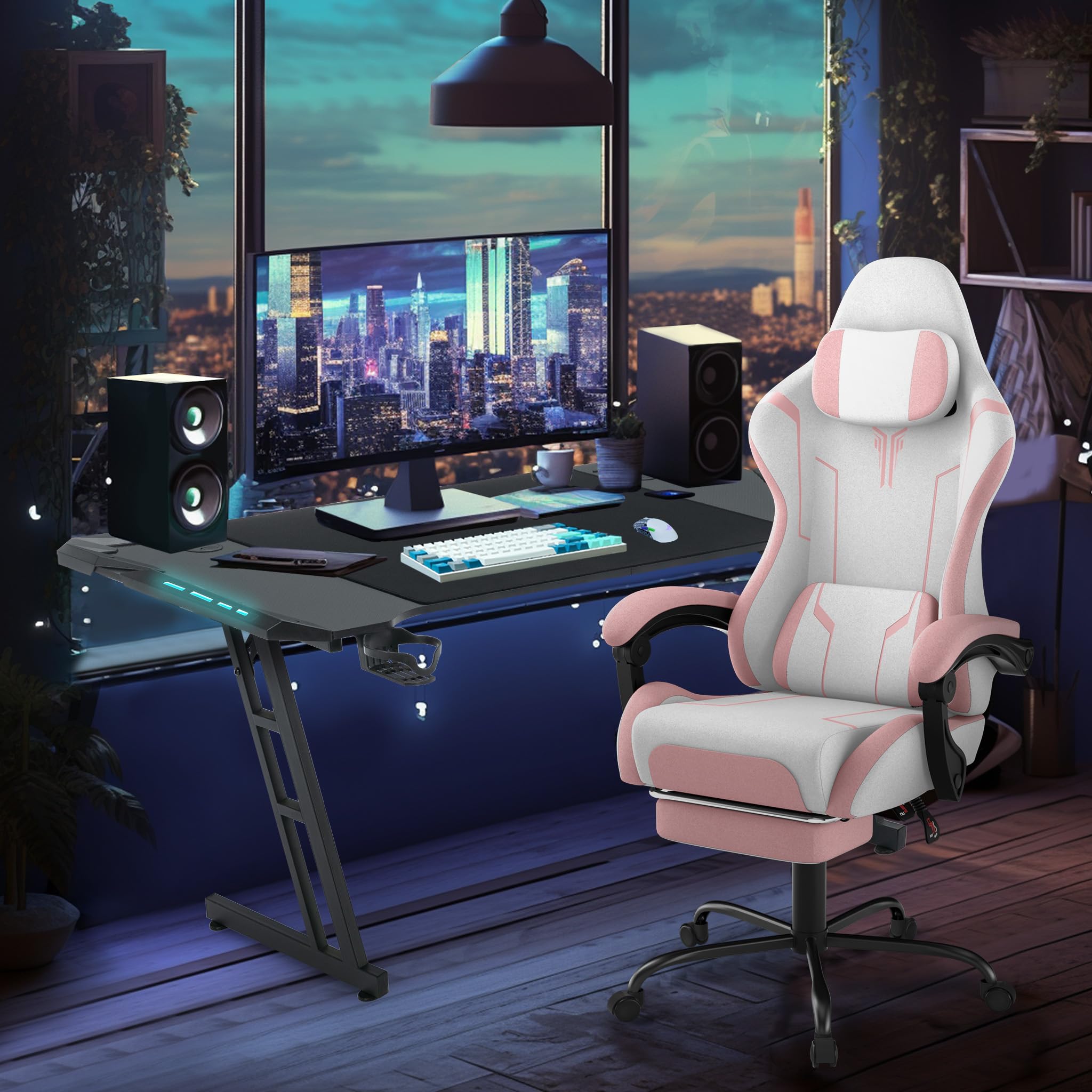 FIVMEN Sedia da gaming, massaggiante, rosa, da gioco, con poggiapiedi, poggiatesta e massaggi, ergonomica, regolabile in altezza, per sala giochi, ufficio