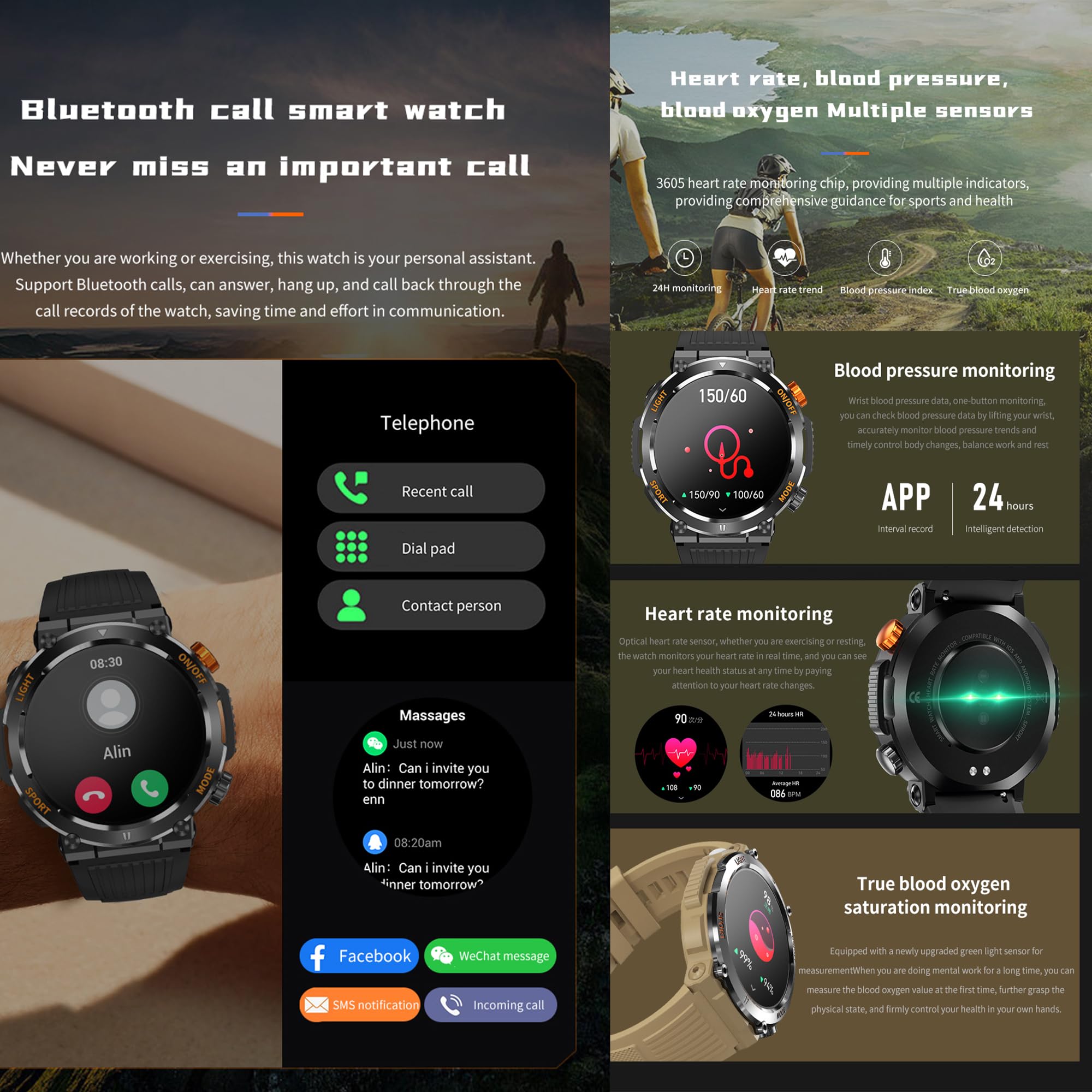 Smartwatch Uomo Chiamata Bluetooth e Risposta Vivavoce, Smart Watch con Torcia, Bussola, 123 Modalità Sport Cardiofrequenzimetro Sonno Notifiche Messaggi Orologio Fitness Tracker Android iOS (Nero)