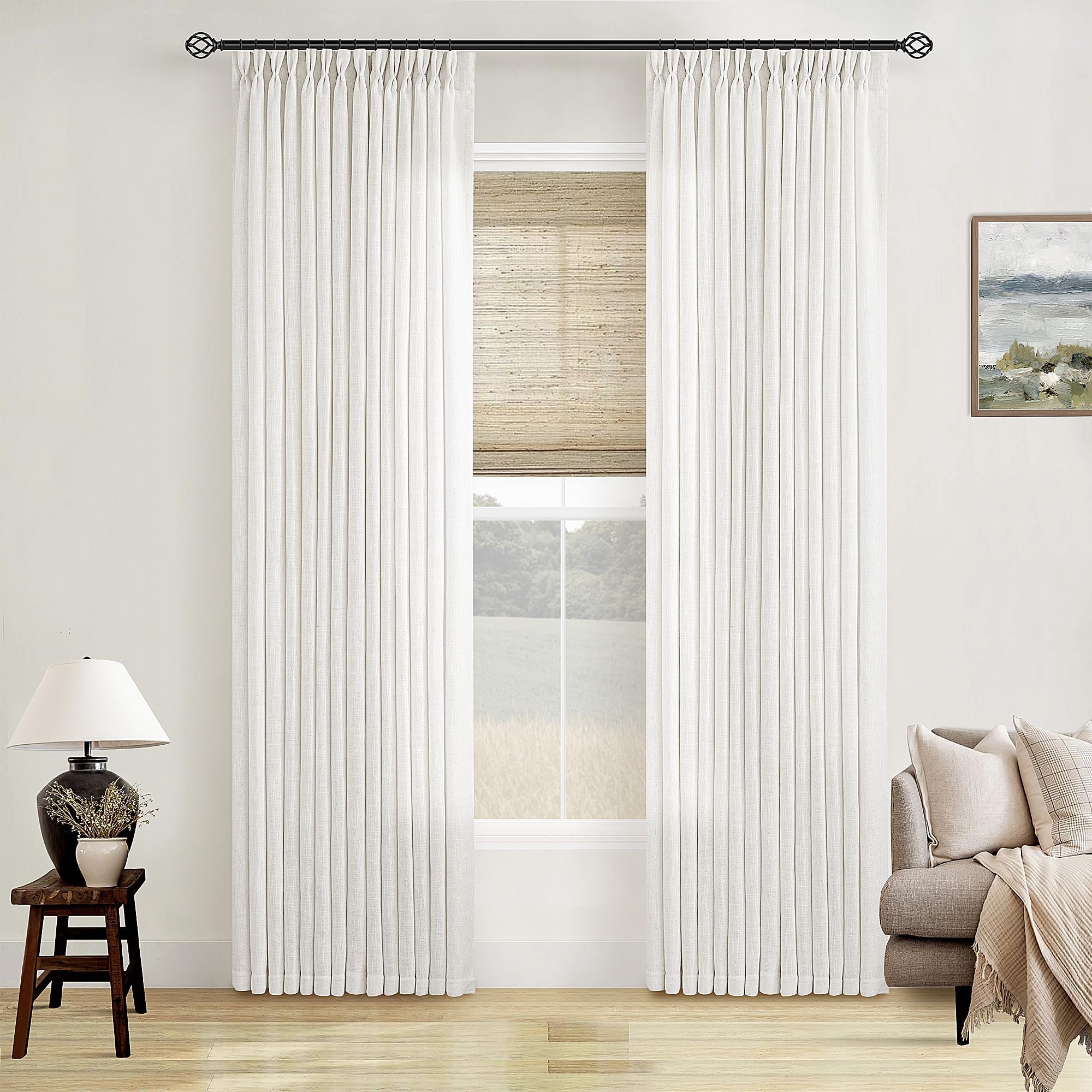 Photo 1 of TWODRAPES Linen Pinch Pleated Curtains - 84"L, Beige White (2 Panels)