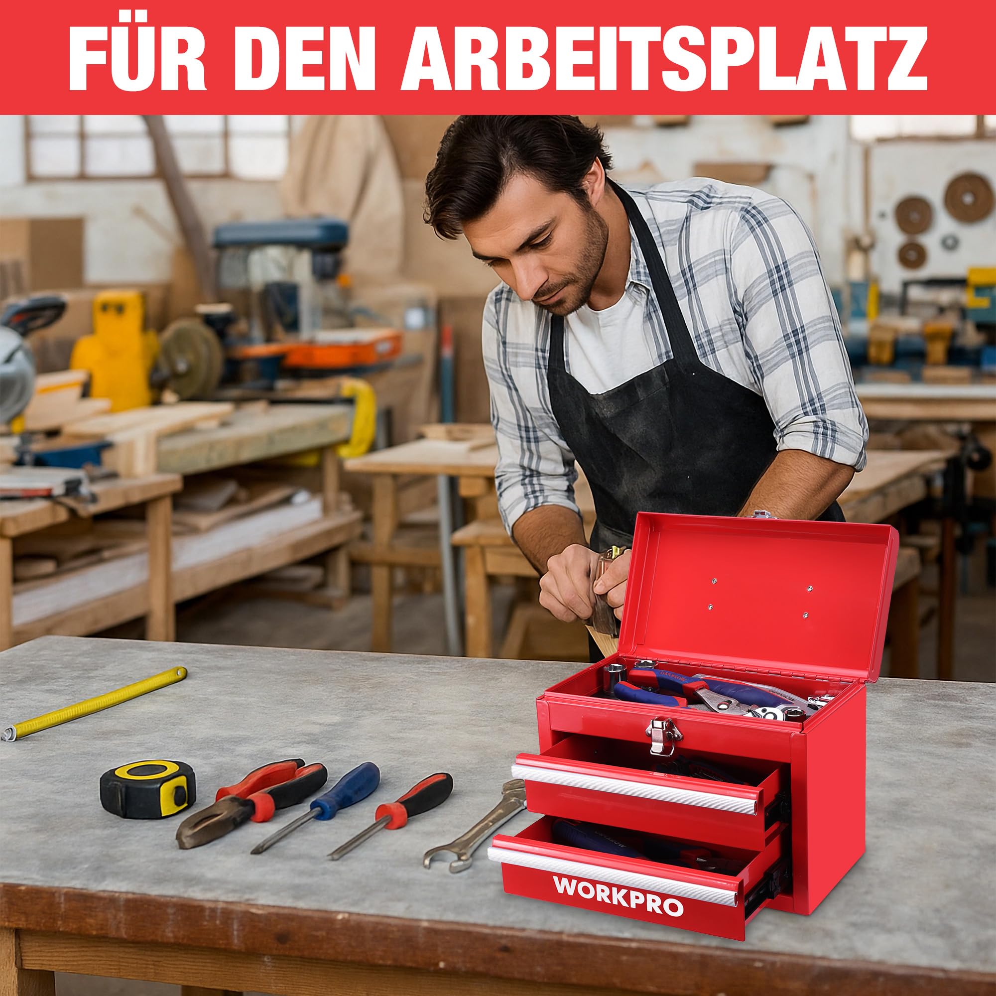 WORKPRO Metall Schubladenbox 2 Schubladen, Rot, Tisch Organizer | Tragbarer Organizer mit Griff und oberem Stauraum, ideal für Büro, Schreibtisch und Werkzeugaufbewahrung