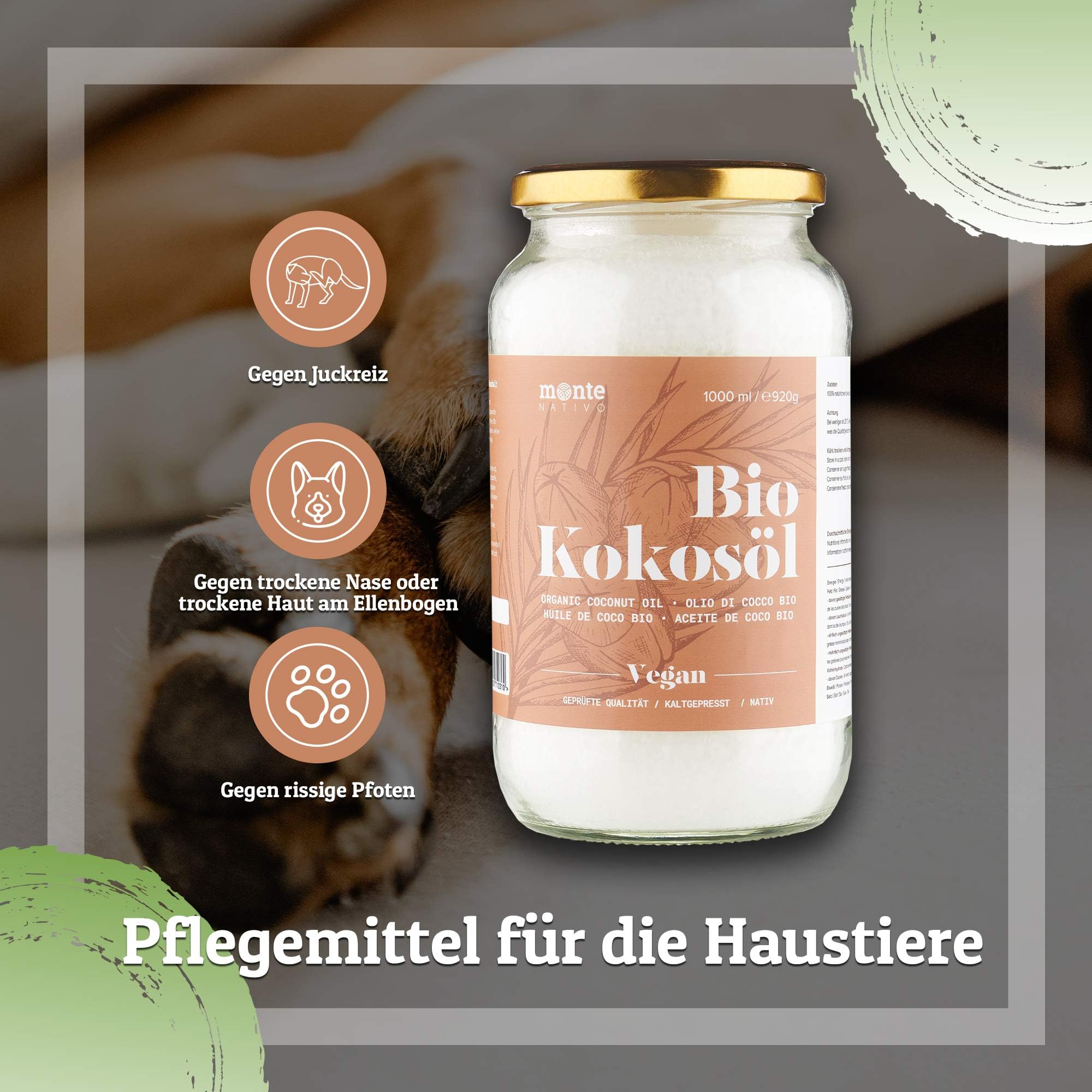 Kokosöl Bio Monte Nativo 1000ml (1L) - Coconut Oil - Kokosnussöl in Rohkostqualität - Reines Kokosfett - Bio Kokosöl nativ kaltgepresst zum Kochen, Braten und Backen, für die Haare, Zähne und Haut